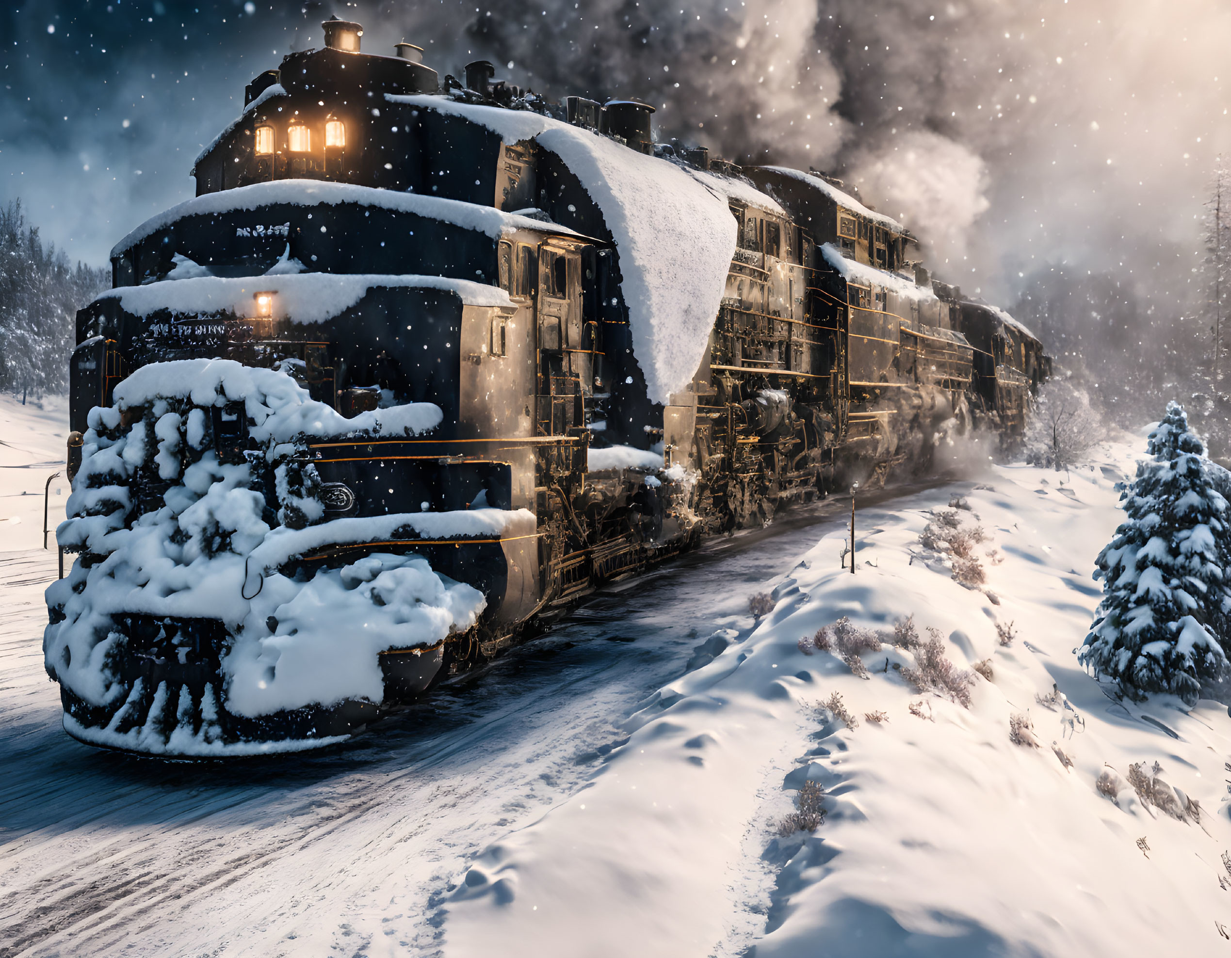 Snow-covered train with glowing headlights in wintry landscape at night.