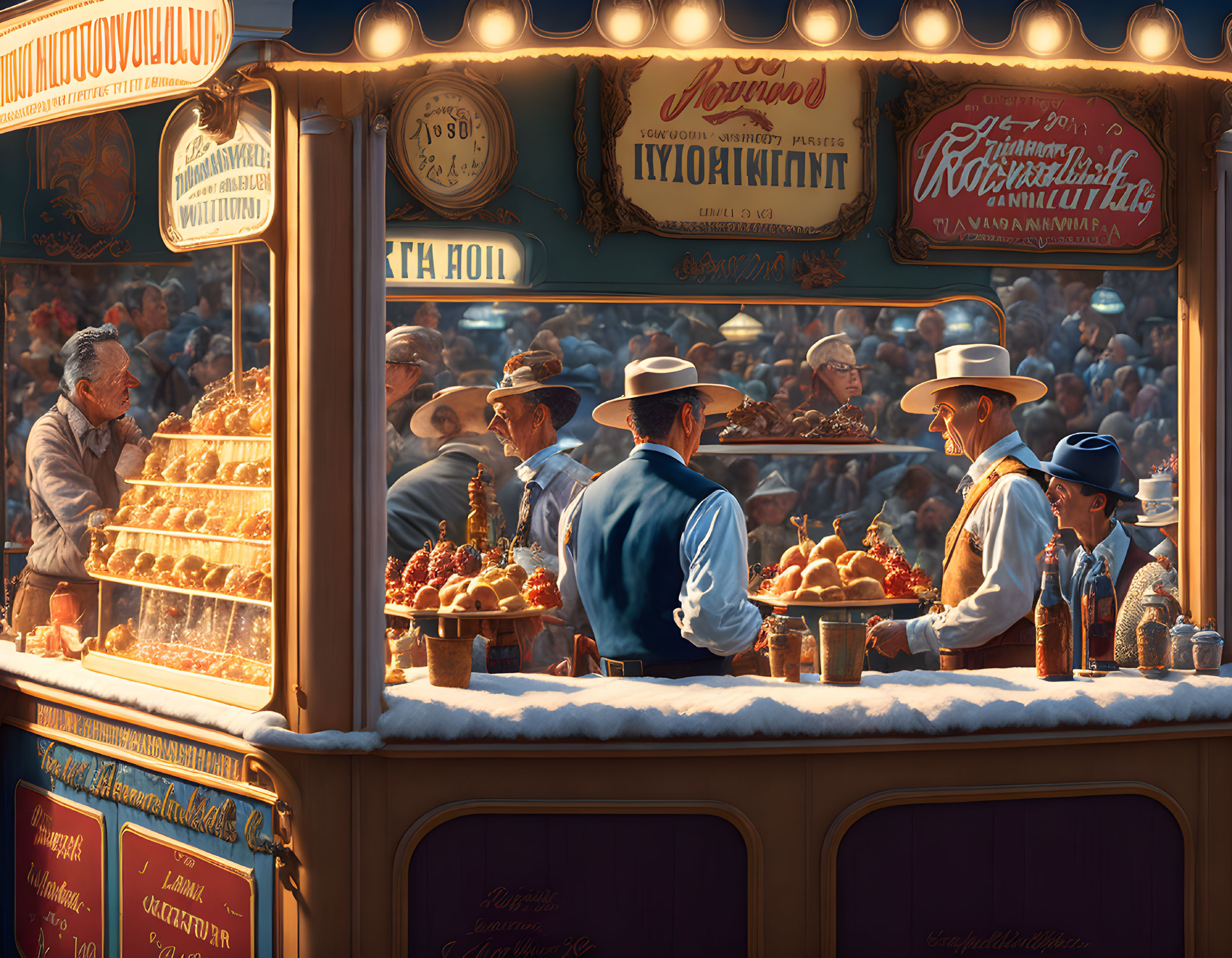 Vintage Attired People Gather Around Glowing Food Stall at Fairground