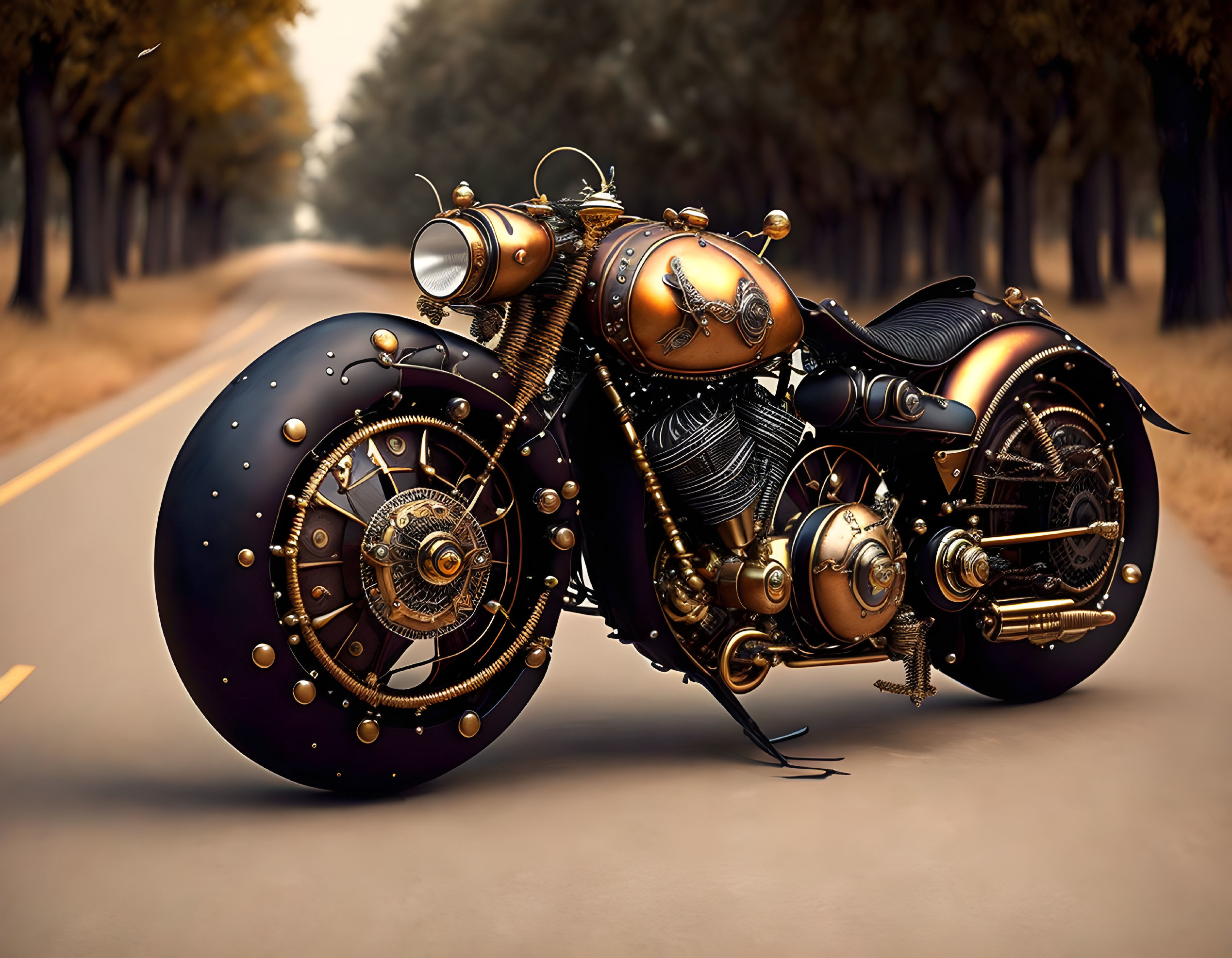 Steampunk-style Motorcycle with Brass Details on Deserted Road