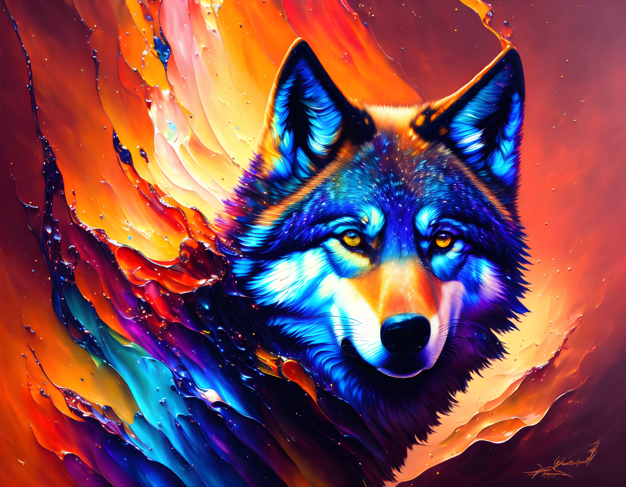 Vibrant Wolf Head Art with Fiery & Cool Swirling Hues