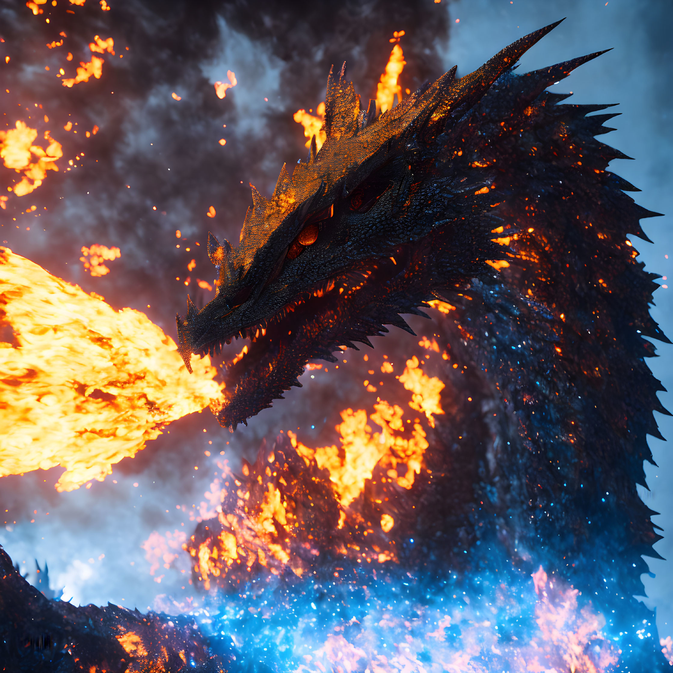 Majestic dragon breathing fire in a fiery landscape