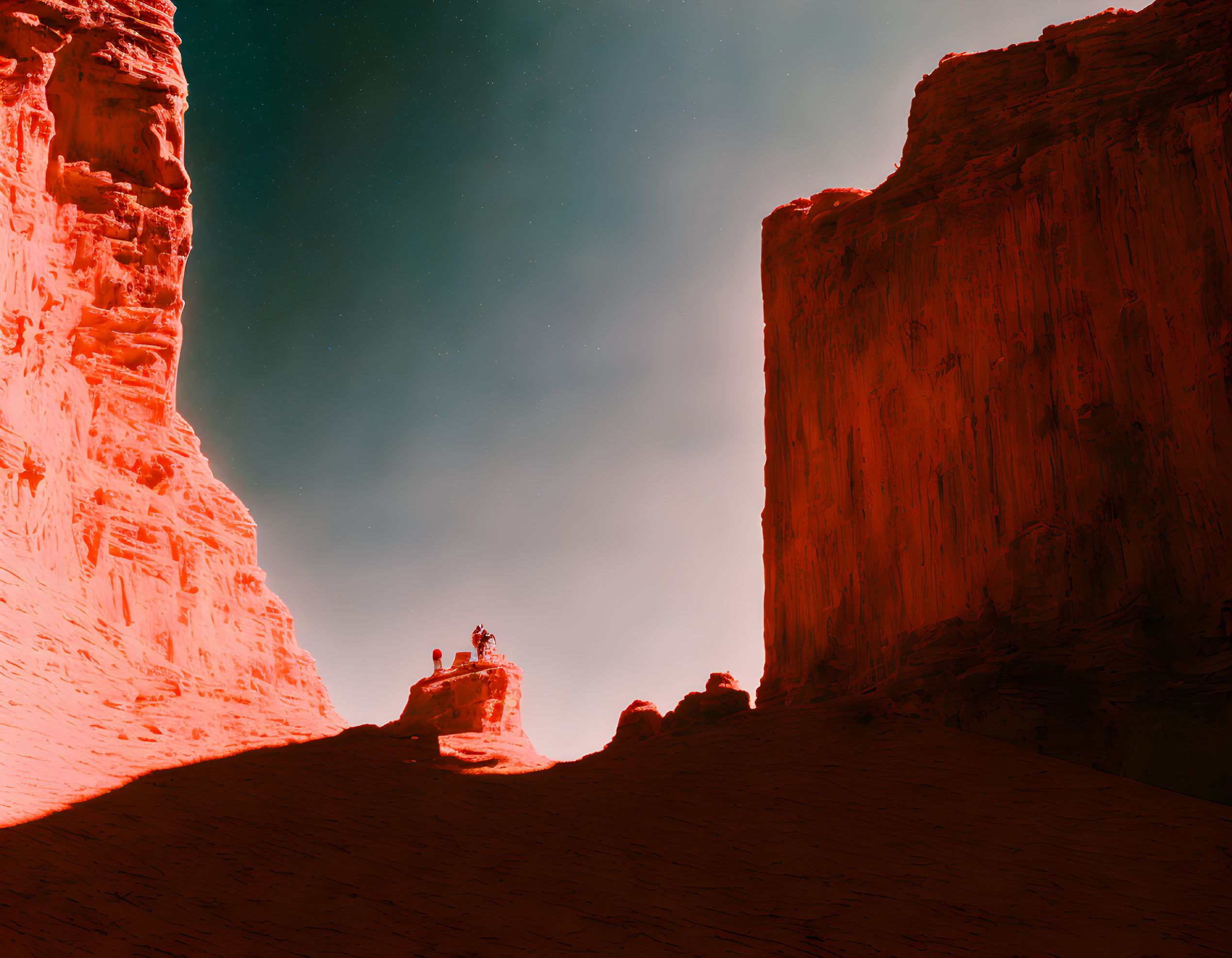 Horseback Riders on Sandstone Ridge Under Starry Sky