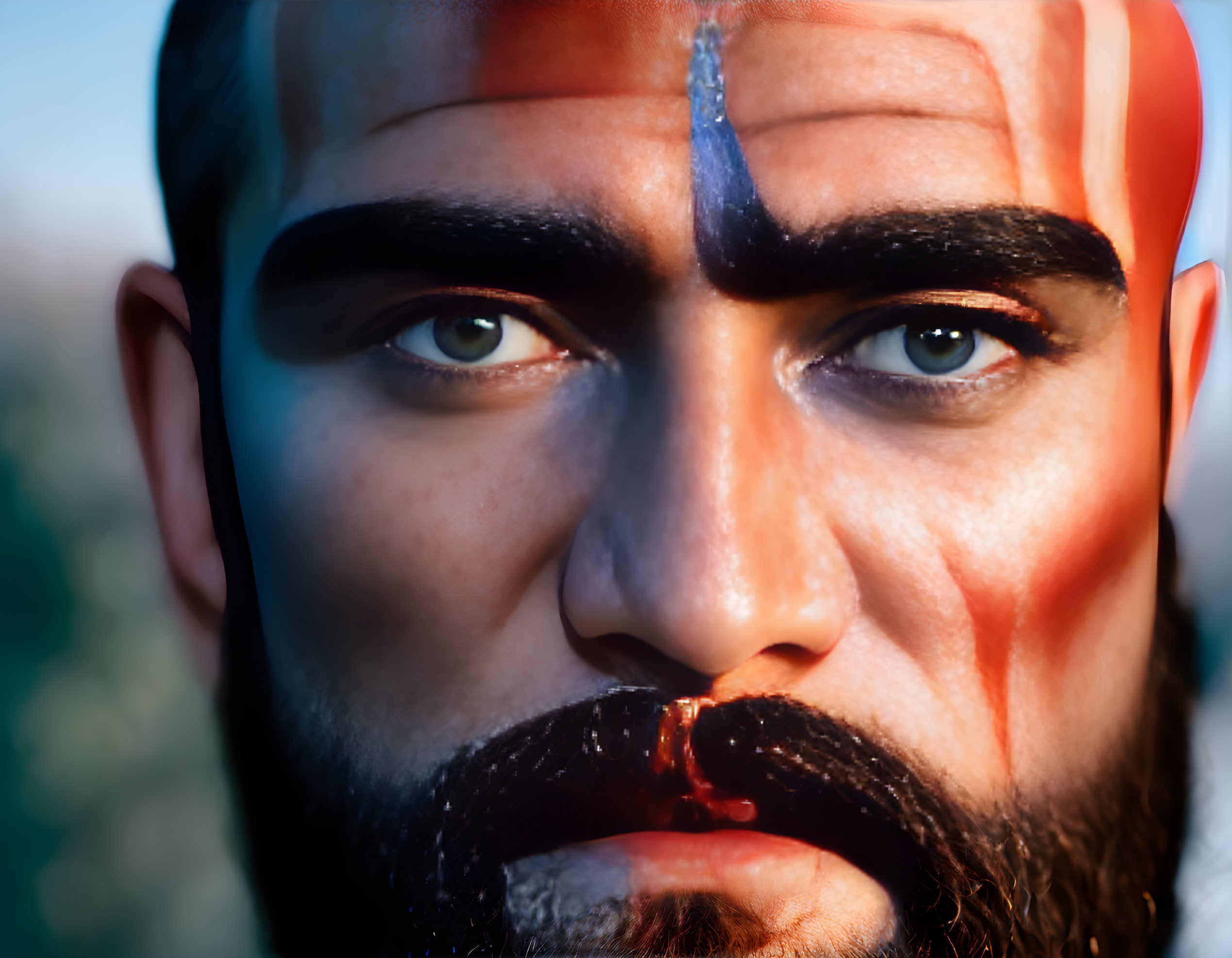 Intense gaze man with striped face paint and stylized beard