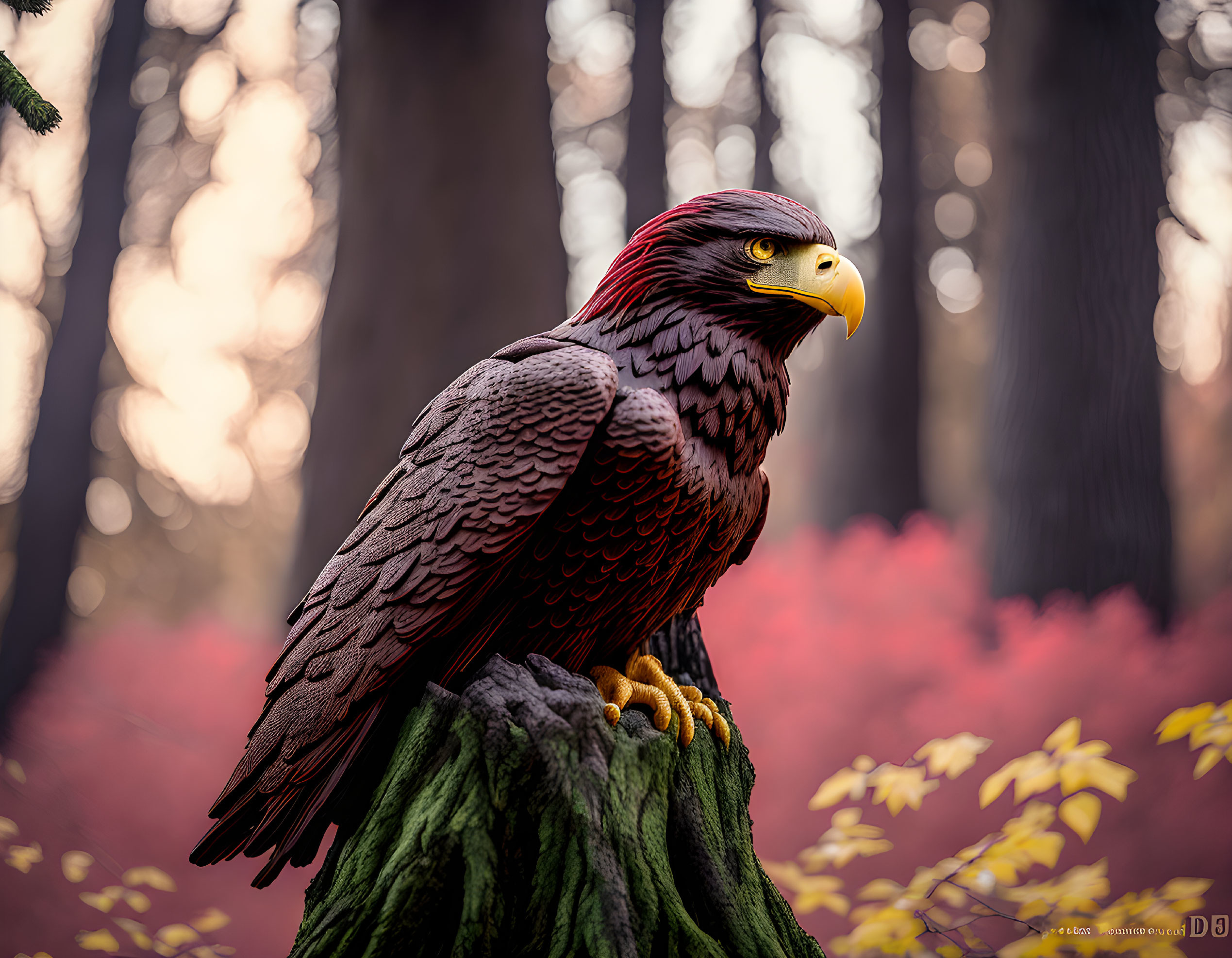 Majestic eagle on mossy stump in autumn forest