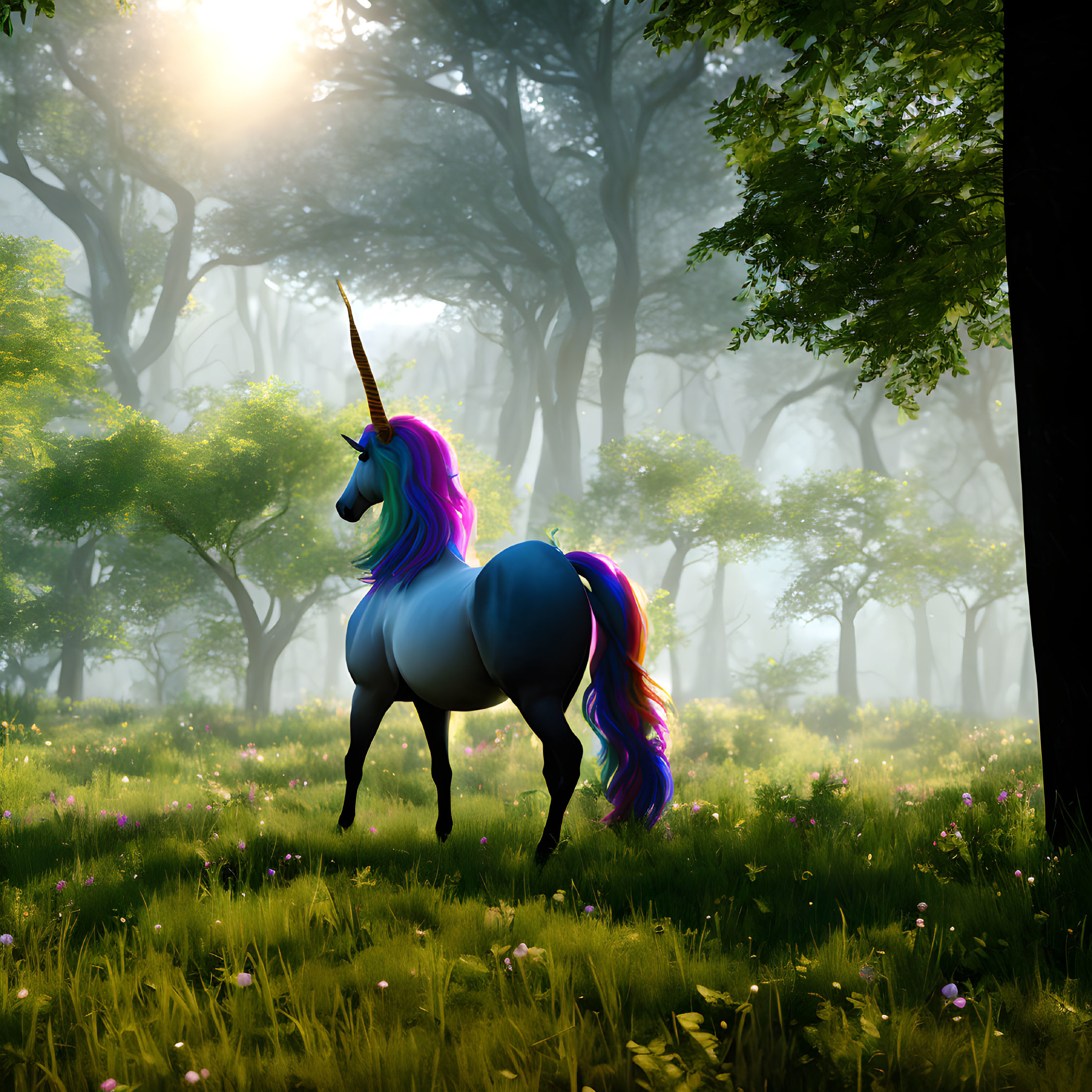 Colorful Unicorn with Golden Horn in Misty Forest Clearing