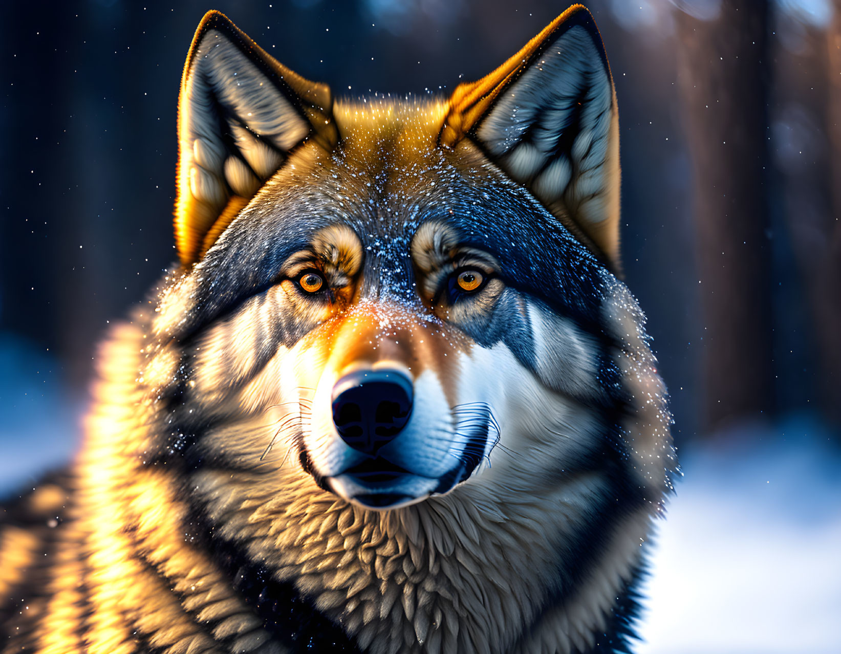 Close-up of wolf with piercing eyes in snowy forest with snowflakes.