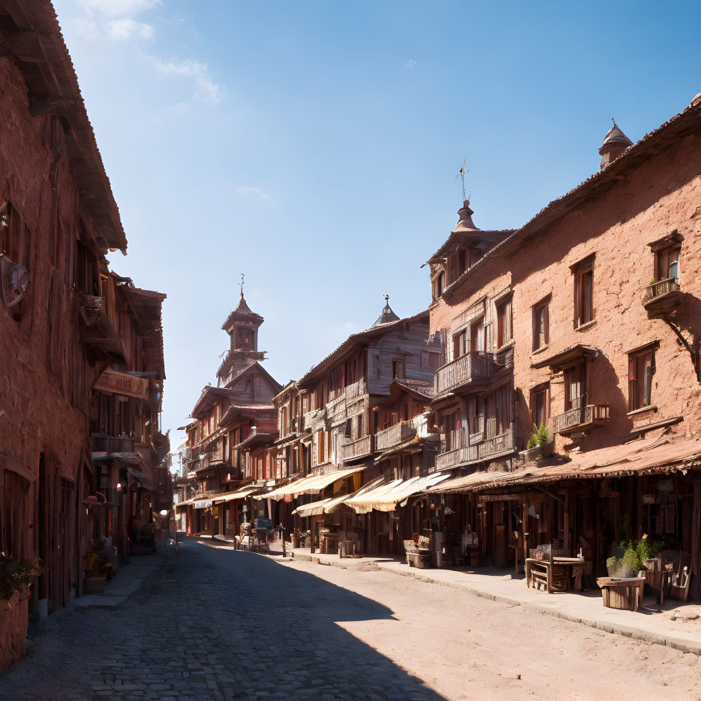 Traditional Brick Buildings and Cobblestone Street Scene