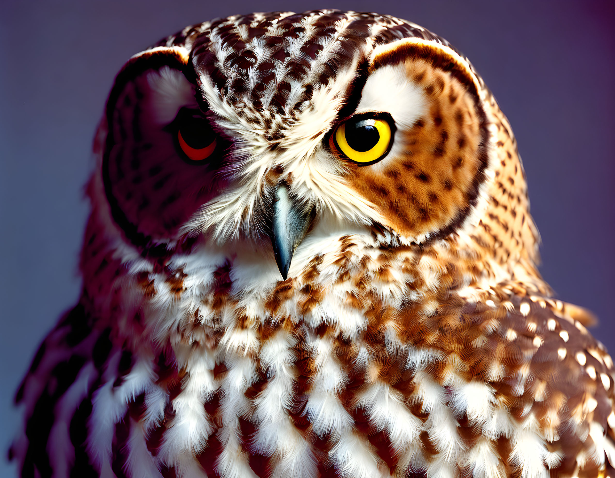 Detailed Close-up of Owl with Yellow Eyes and Plumage on Purple Background