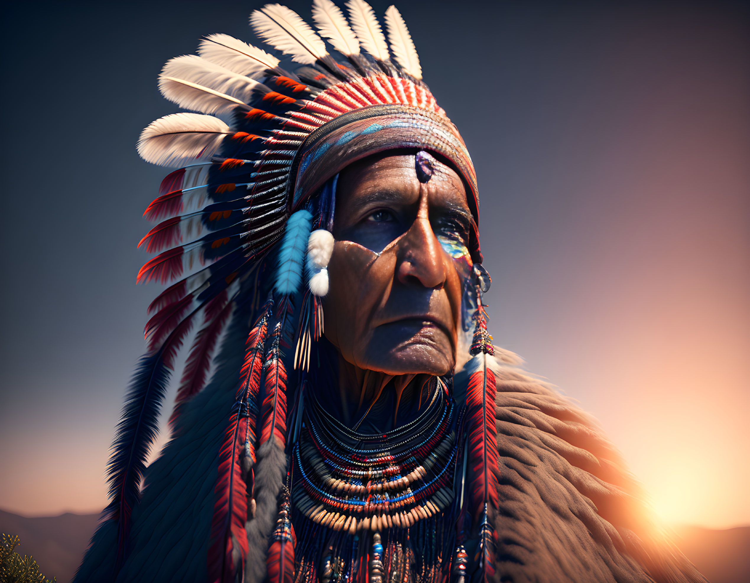 Elder with Feathered Headdress and Beaded Neckwear in Dusky Sky