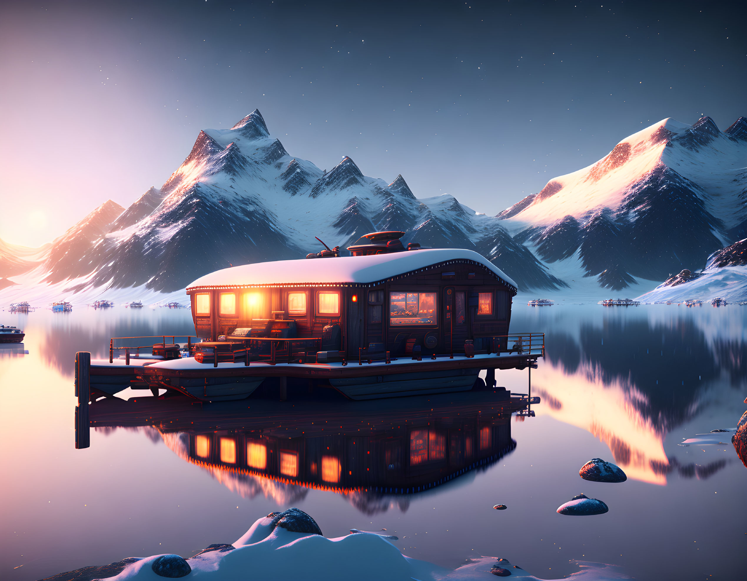 Serene mountain lake houseboat at dusk