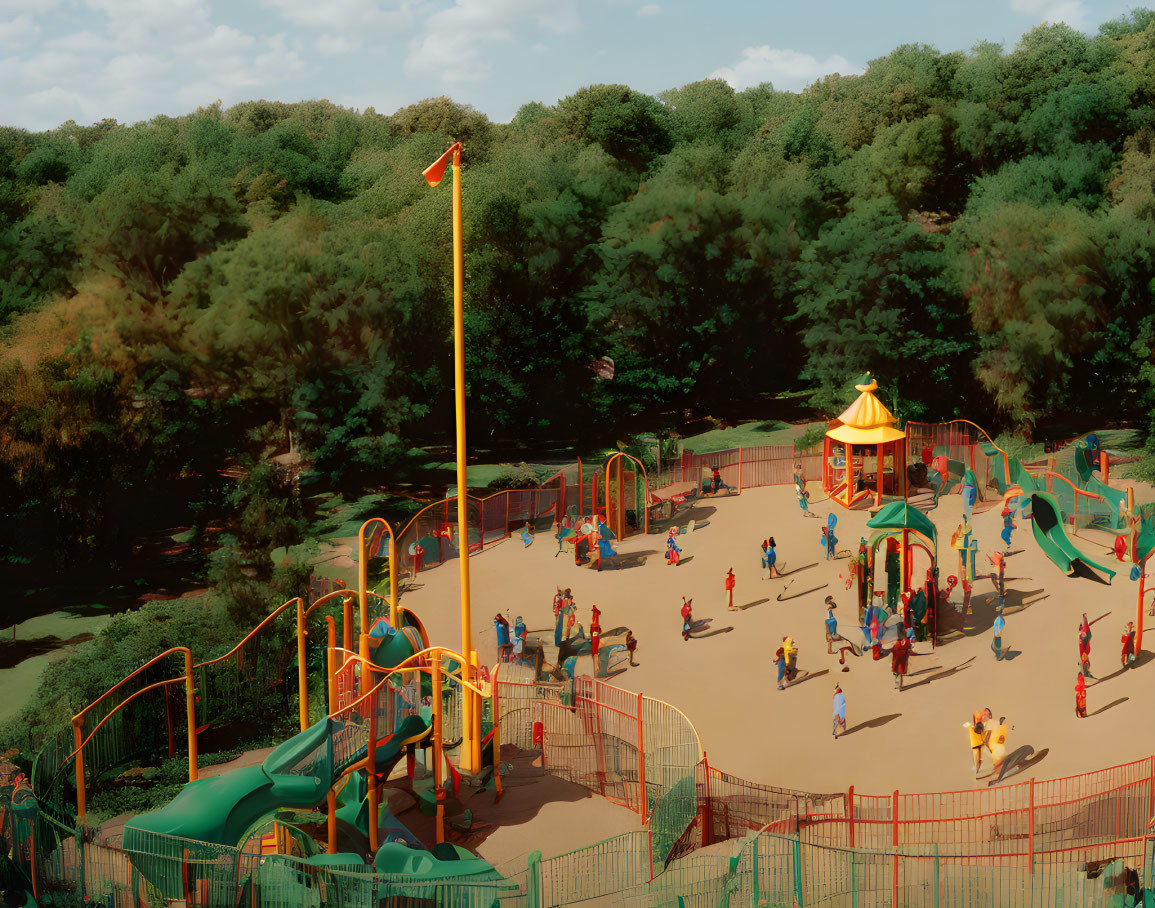 Colorful playground with slides, swings, and climbing structures in a green setting