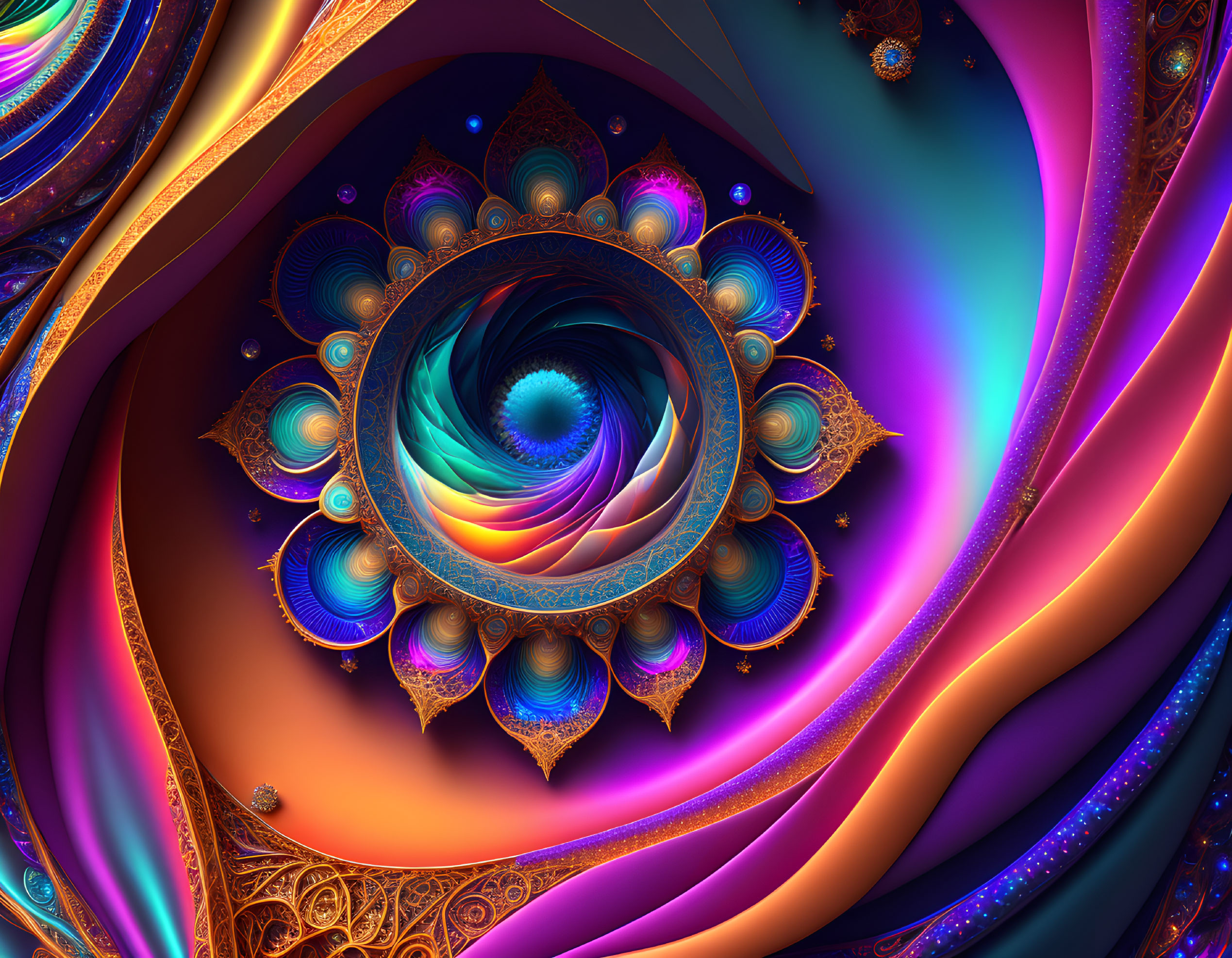 Vibrant digital fractal art: Intricate blue, purple, and orange mandala design