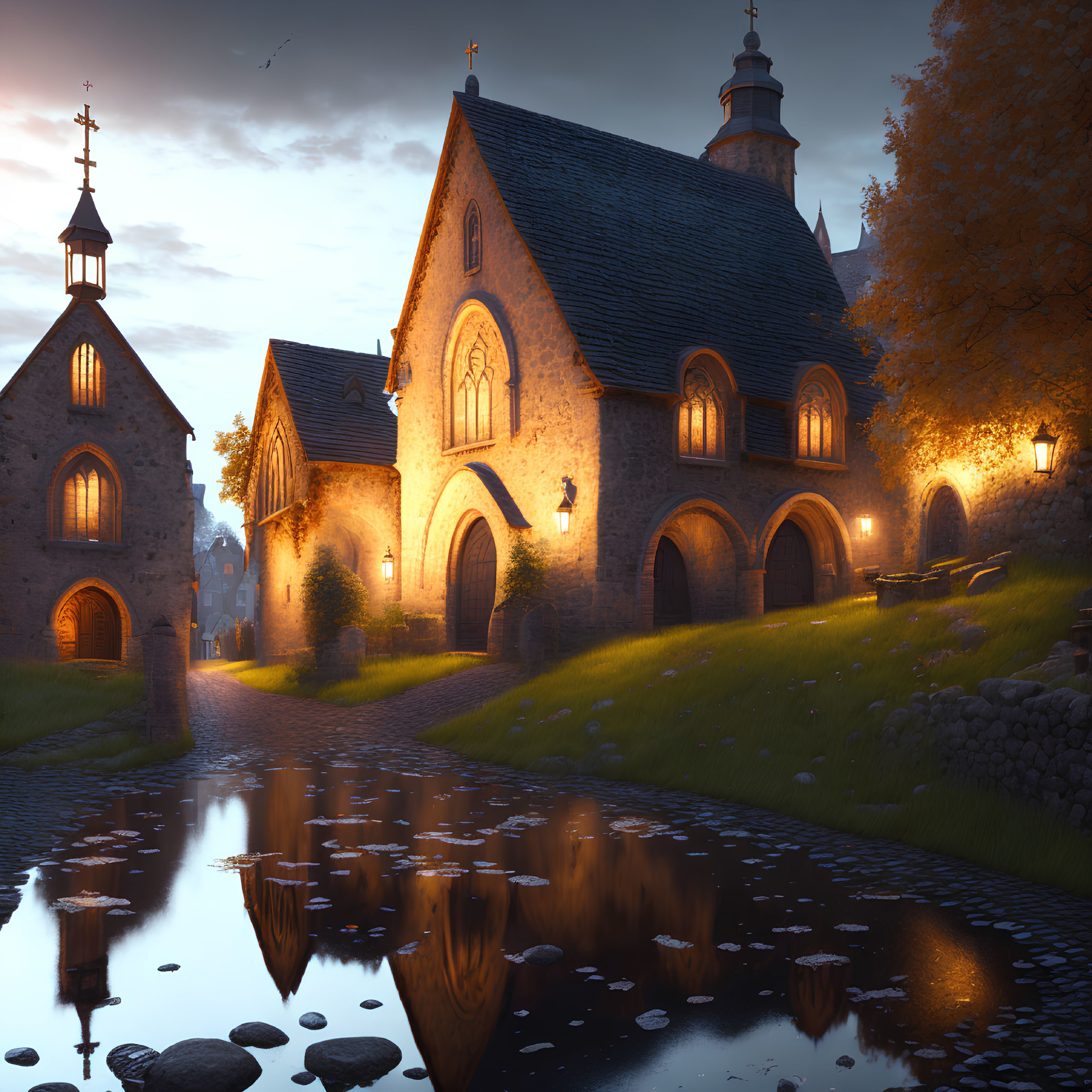 Tranquil evening view of illuminated stone church and reflective pond