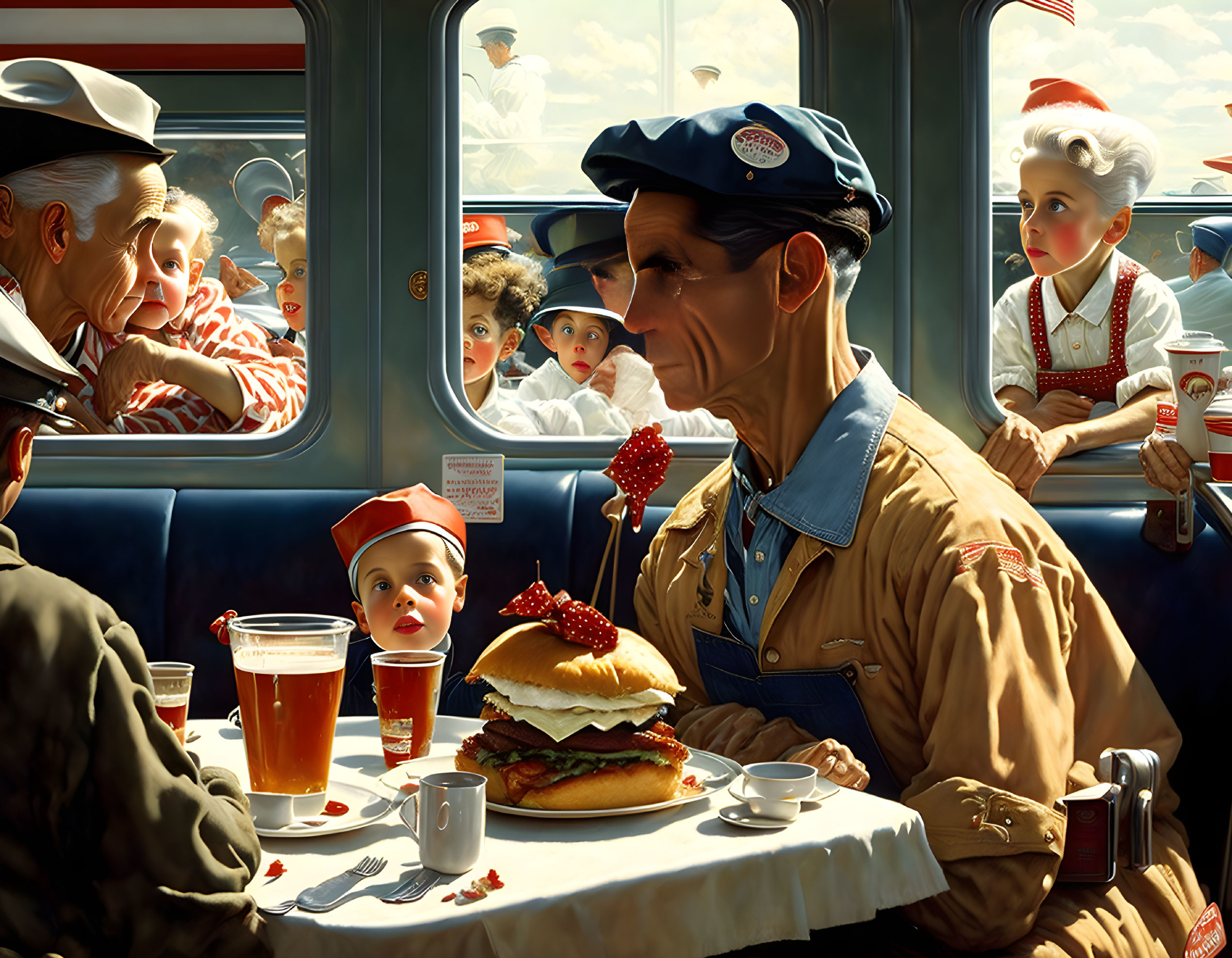 Colorful painting of train dining car scene with exaggerated characters enjoying burgers and beers.