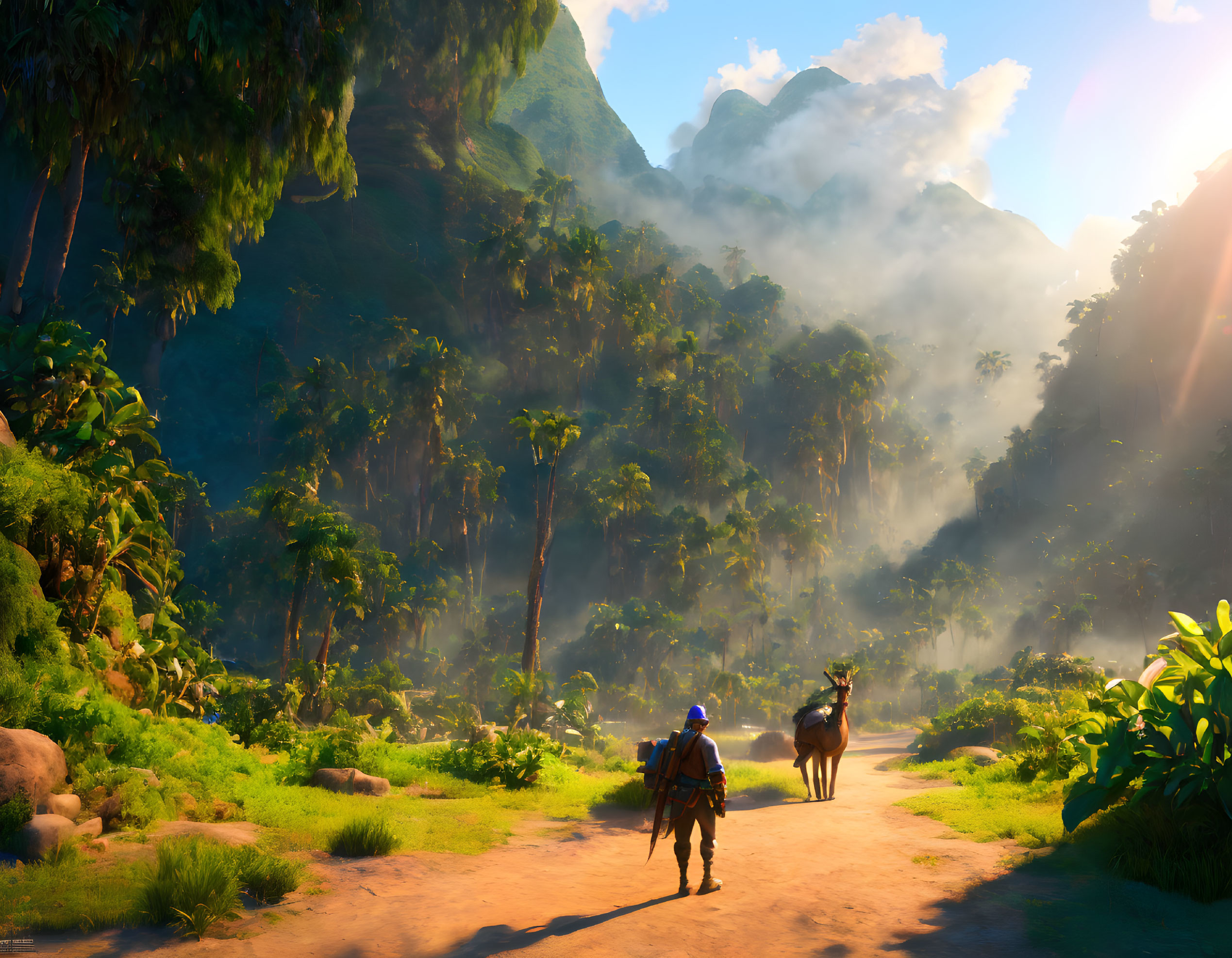 Riders on Horseback in Sunlit Forest with Mountains