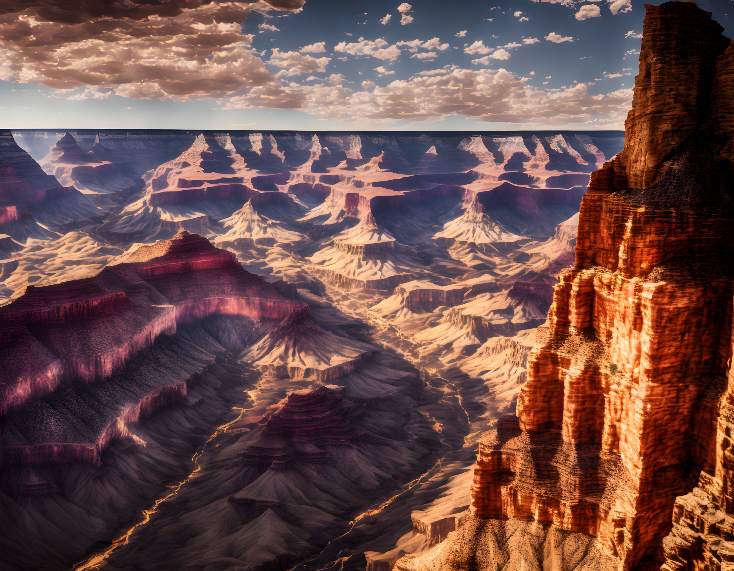 Majestic Grand Canyon red rock formations under dramatic sky