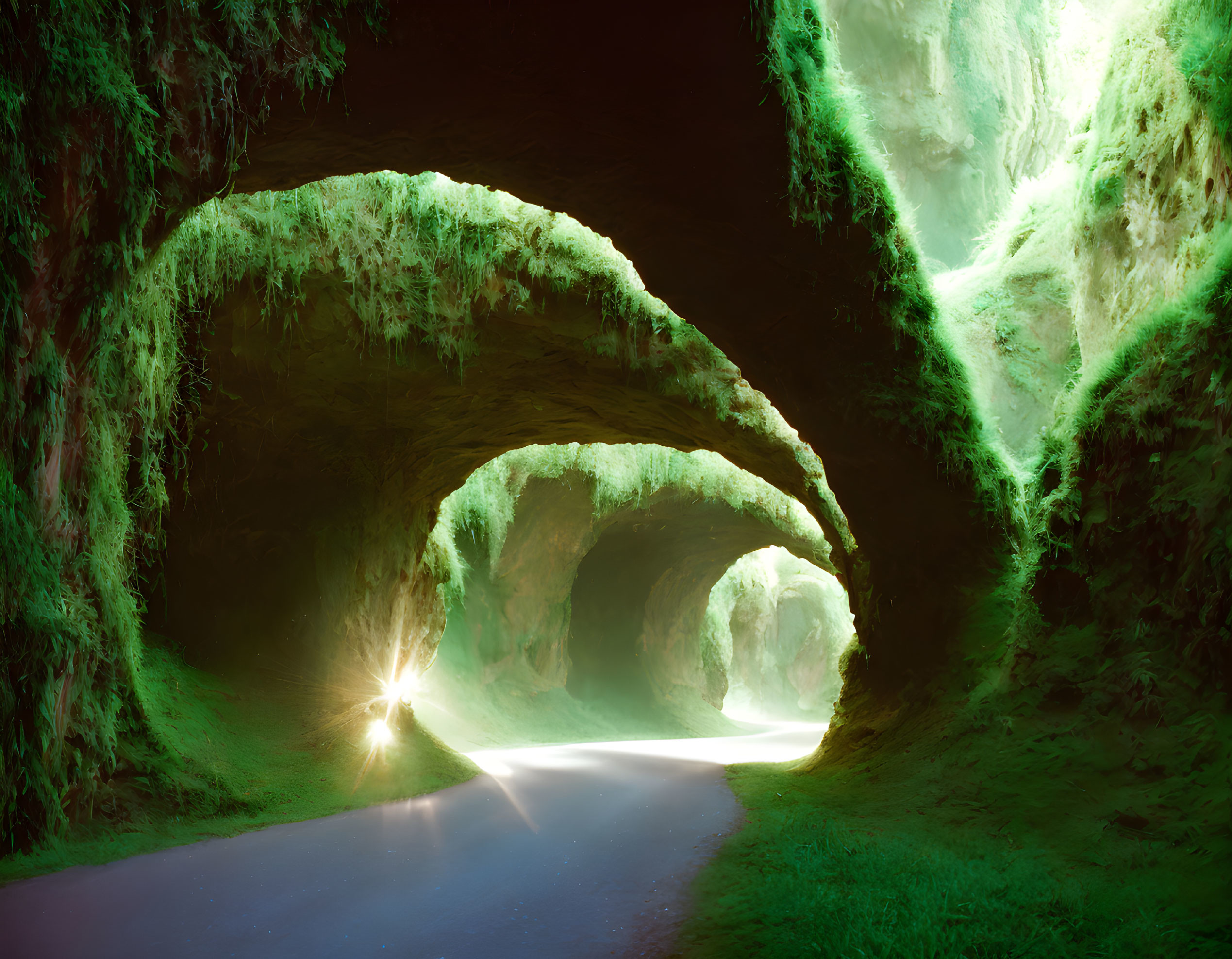 Lush Moss-Covered Tunnel with Illuminated Path and Natural Arches