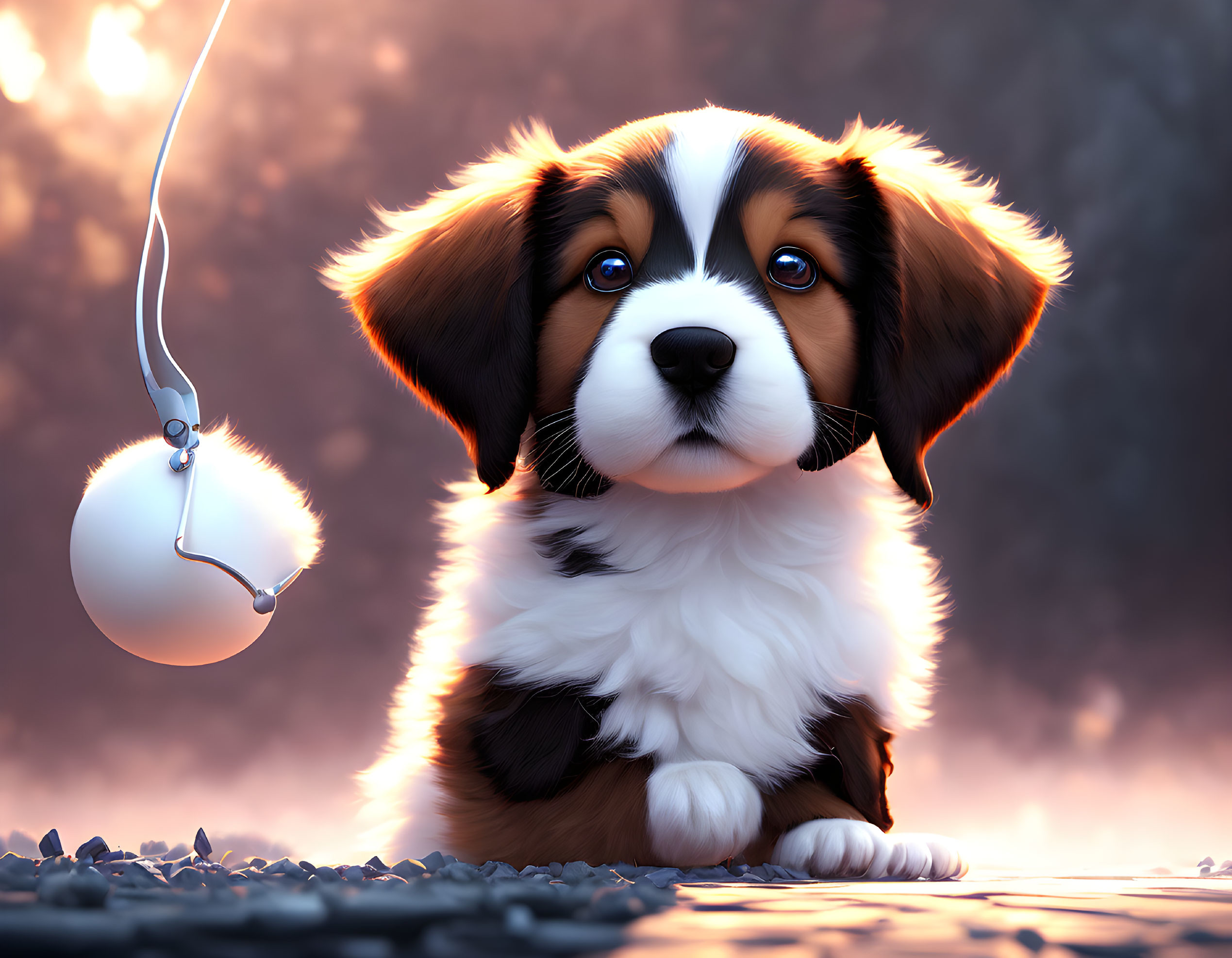 Fluffy tricolor puppy with white ball on mystical background