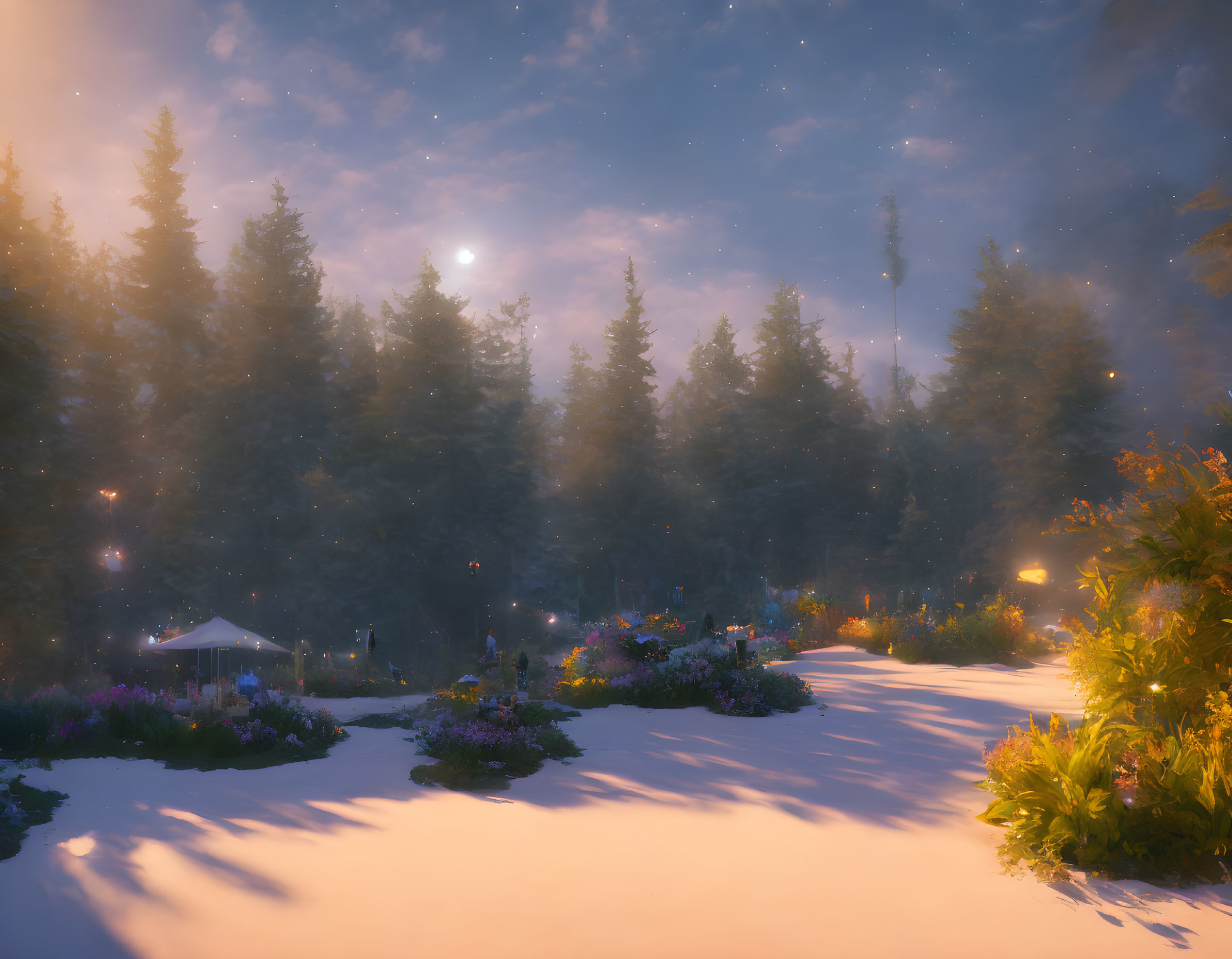 Snow-covered landscape with flowers, evergreen trees, paths, and gazebo at twilight