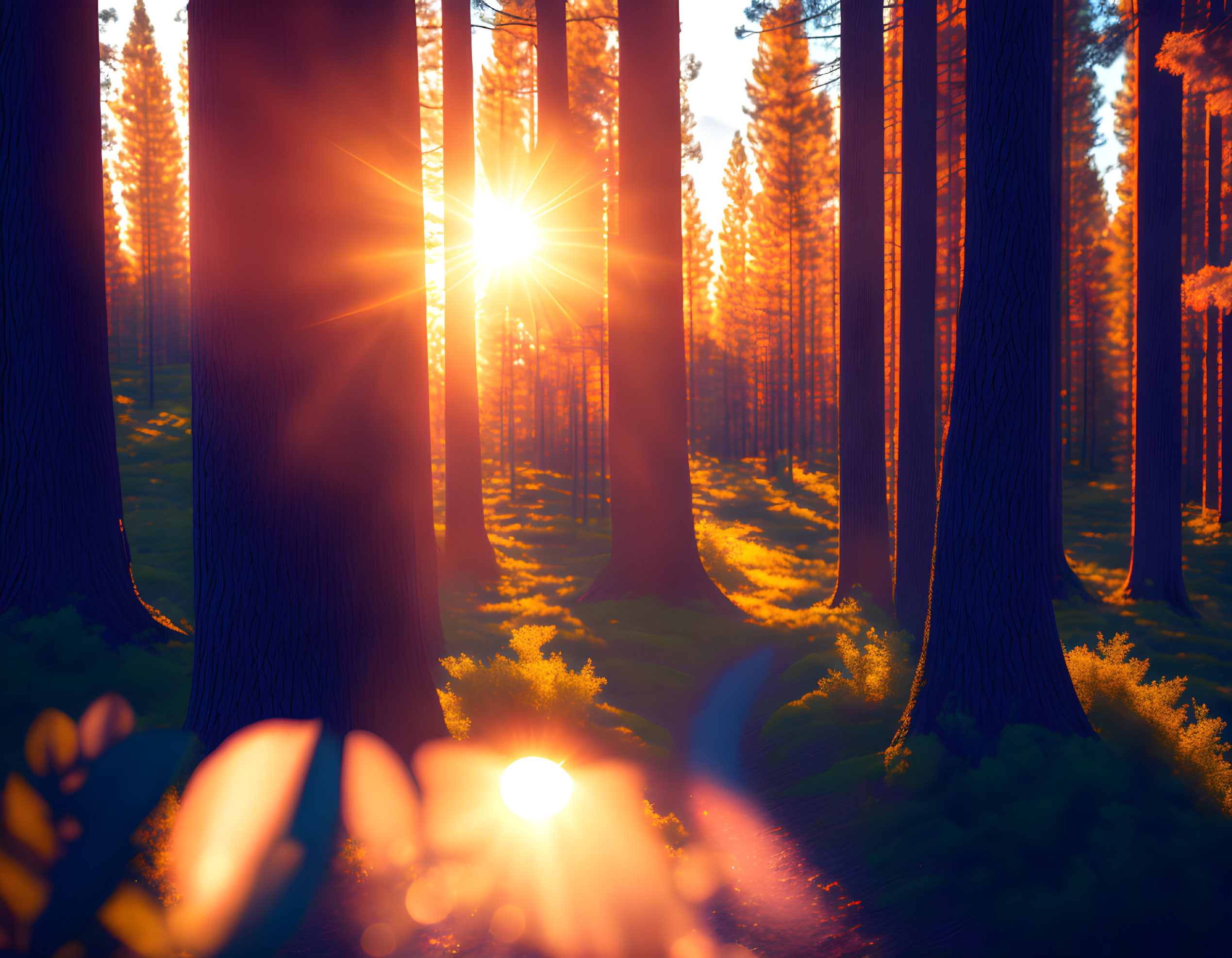 Sunset beams illuminate dense forest with long shadows and foliage-covered ground