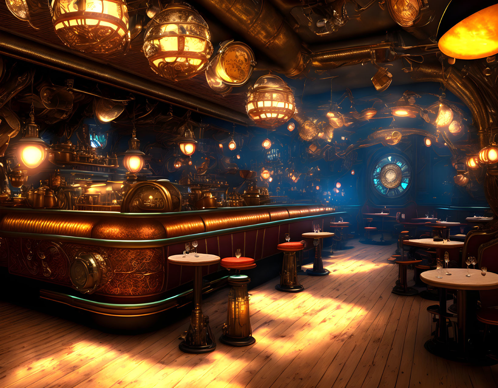 Steampunk-themed bar with vintage stools, brass fixtures, ornate lamps, gears, circular window