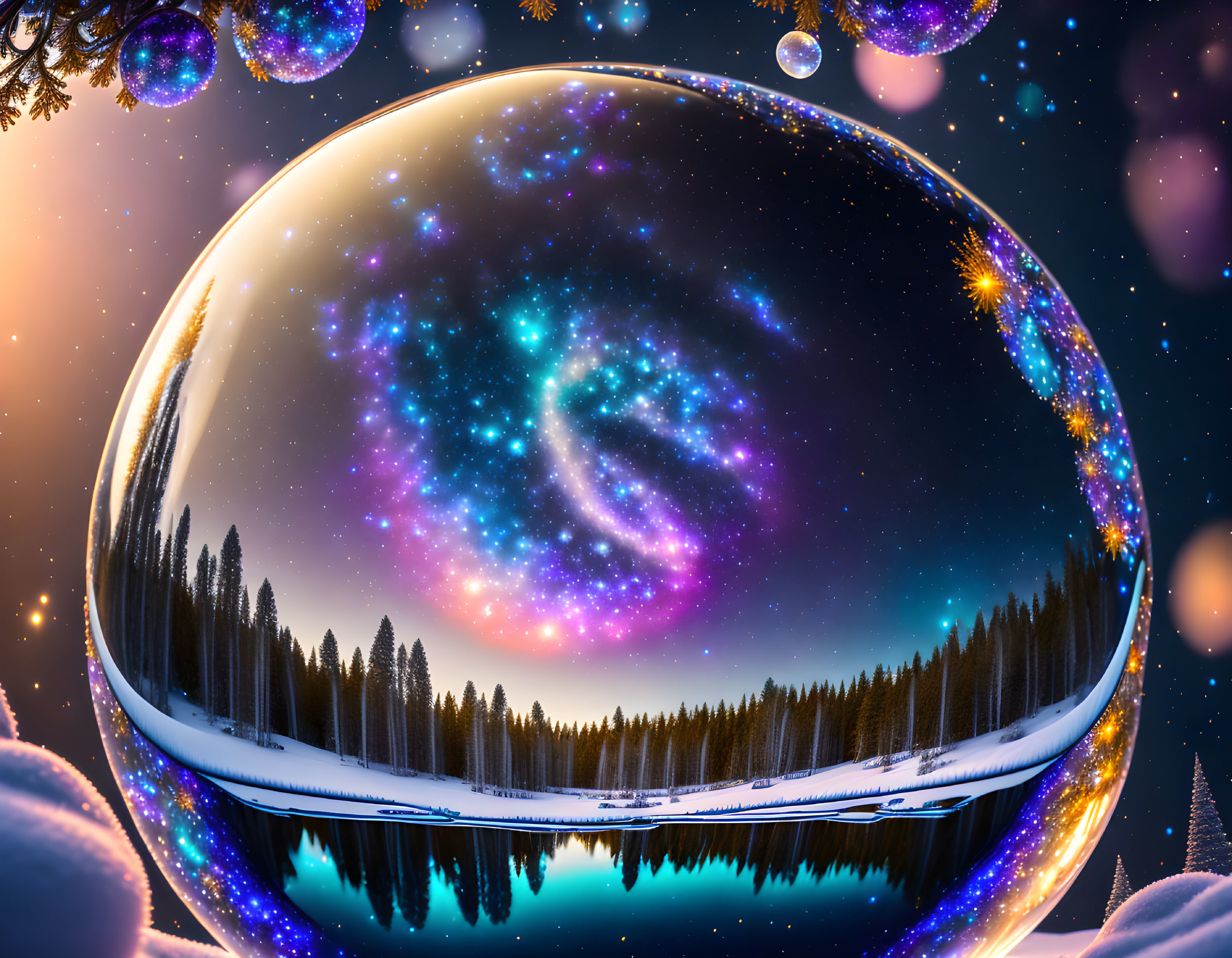 Galaxy view in bubble over snowy forest with starry sky