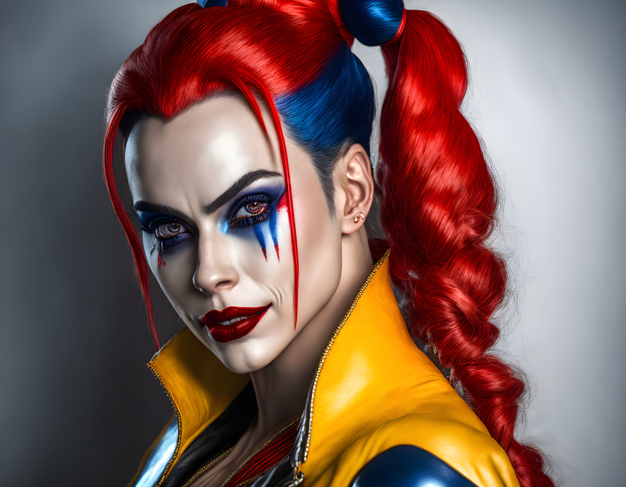 Person with Red and Blue Pigtails in White Face Paint and Yellow/Blue Jacket