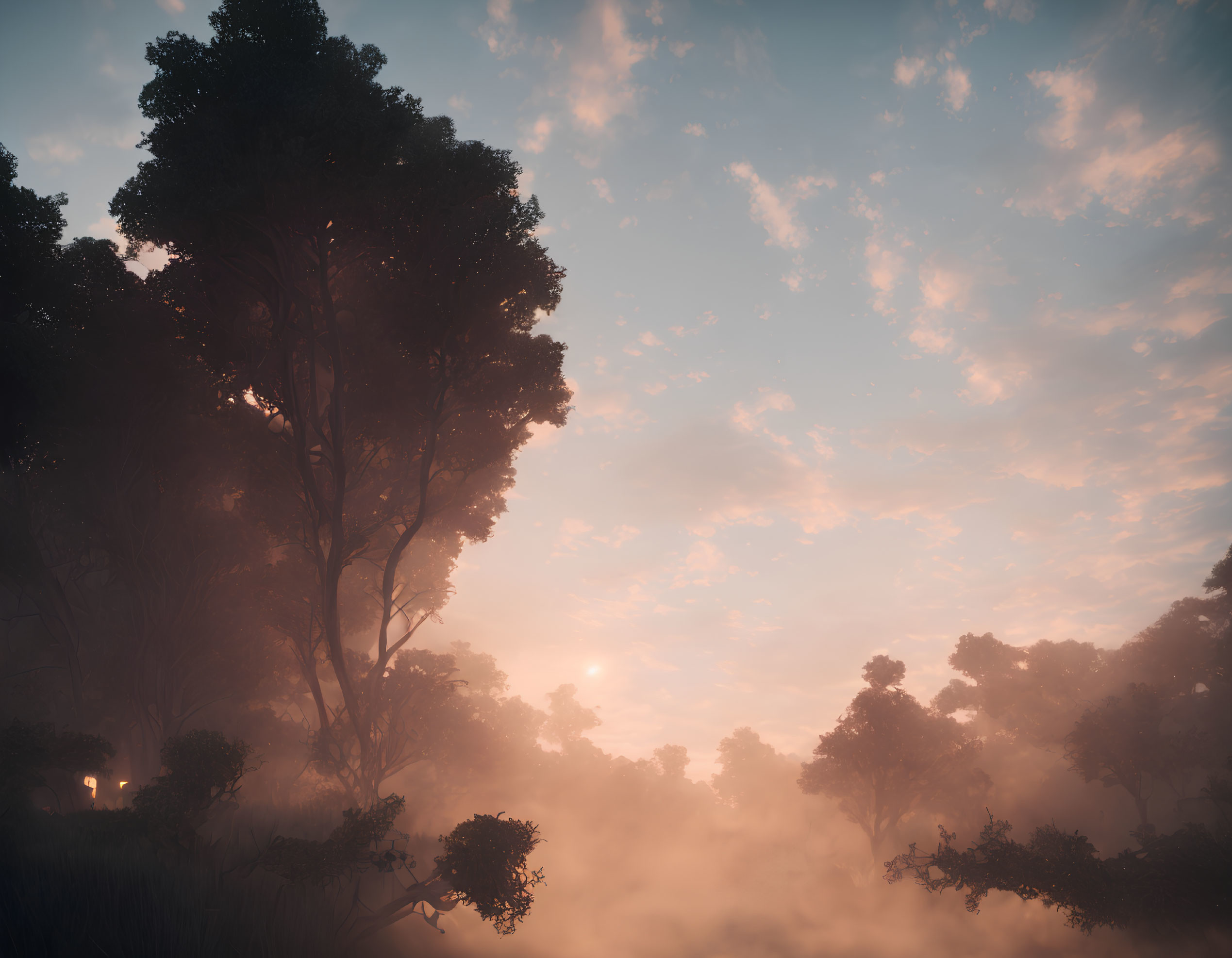 Misty forest at sunrise with serene atmosphere