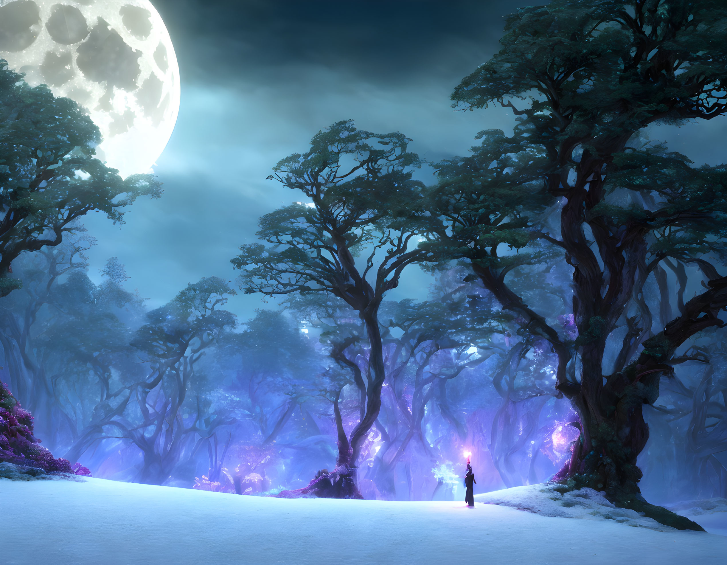 Solitary figure in mystical snow-covered forest with purple lights