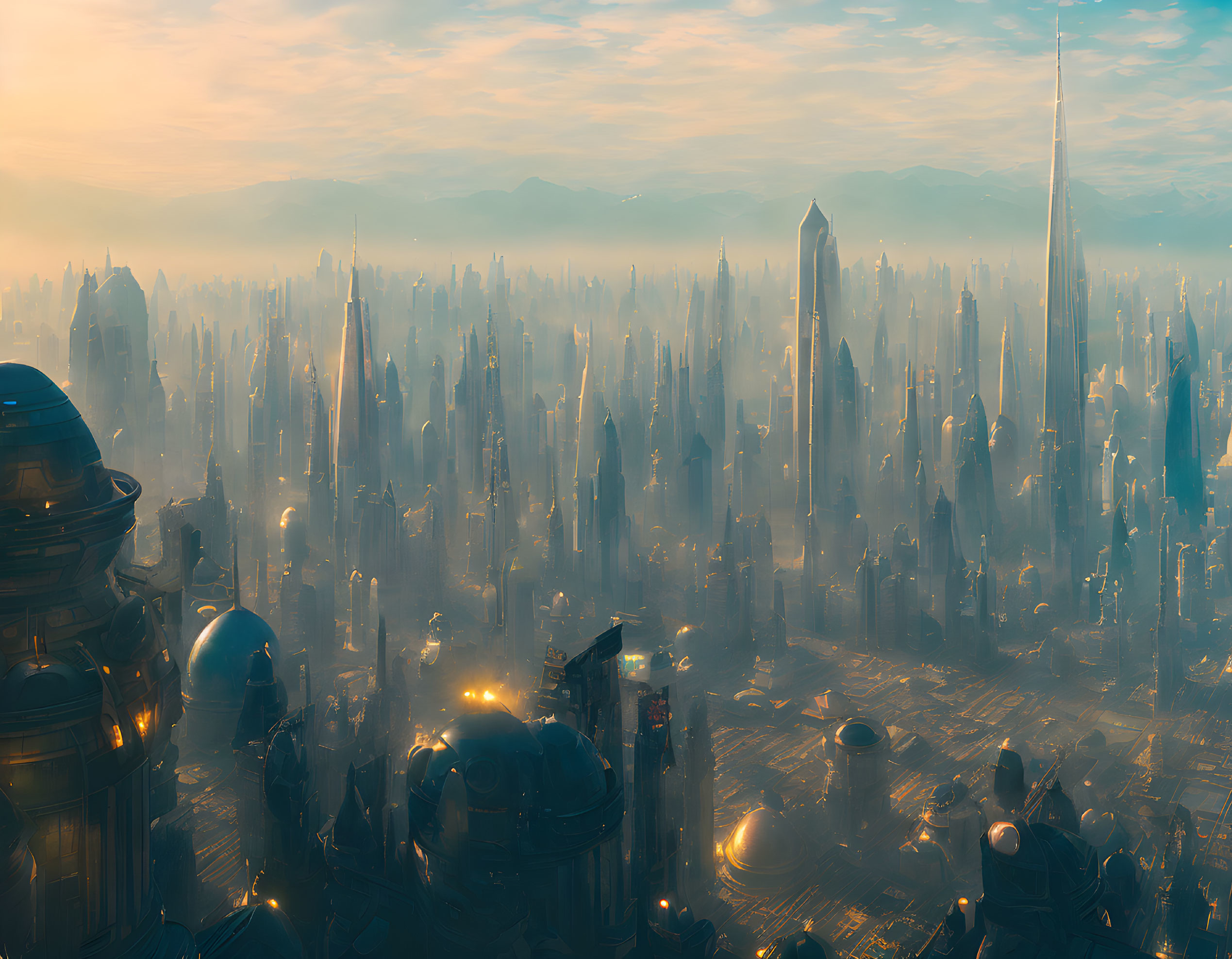 Futuristic cityscape with dense skyscrapers at sunrise or sunset