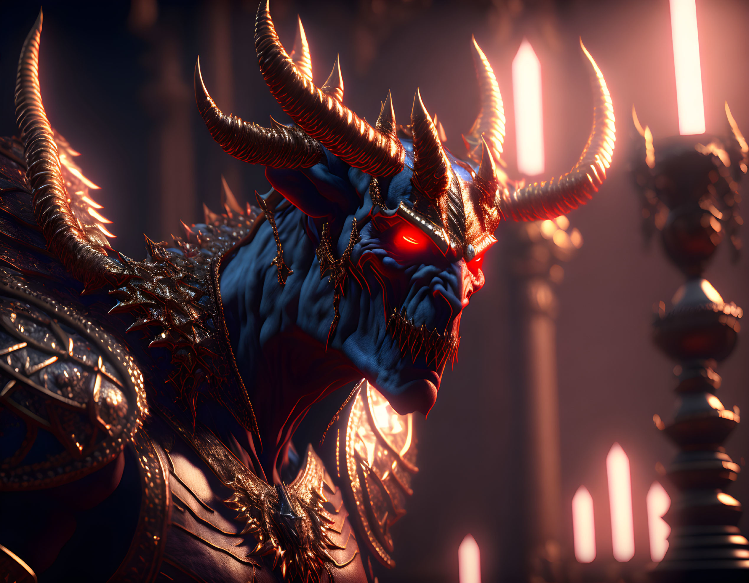 Menacing Dragon-Headed Figure in Golden Armor Under Dramatic Lighting