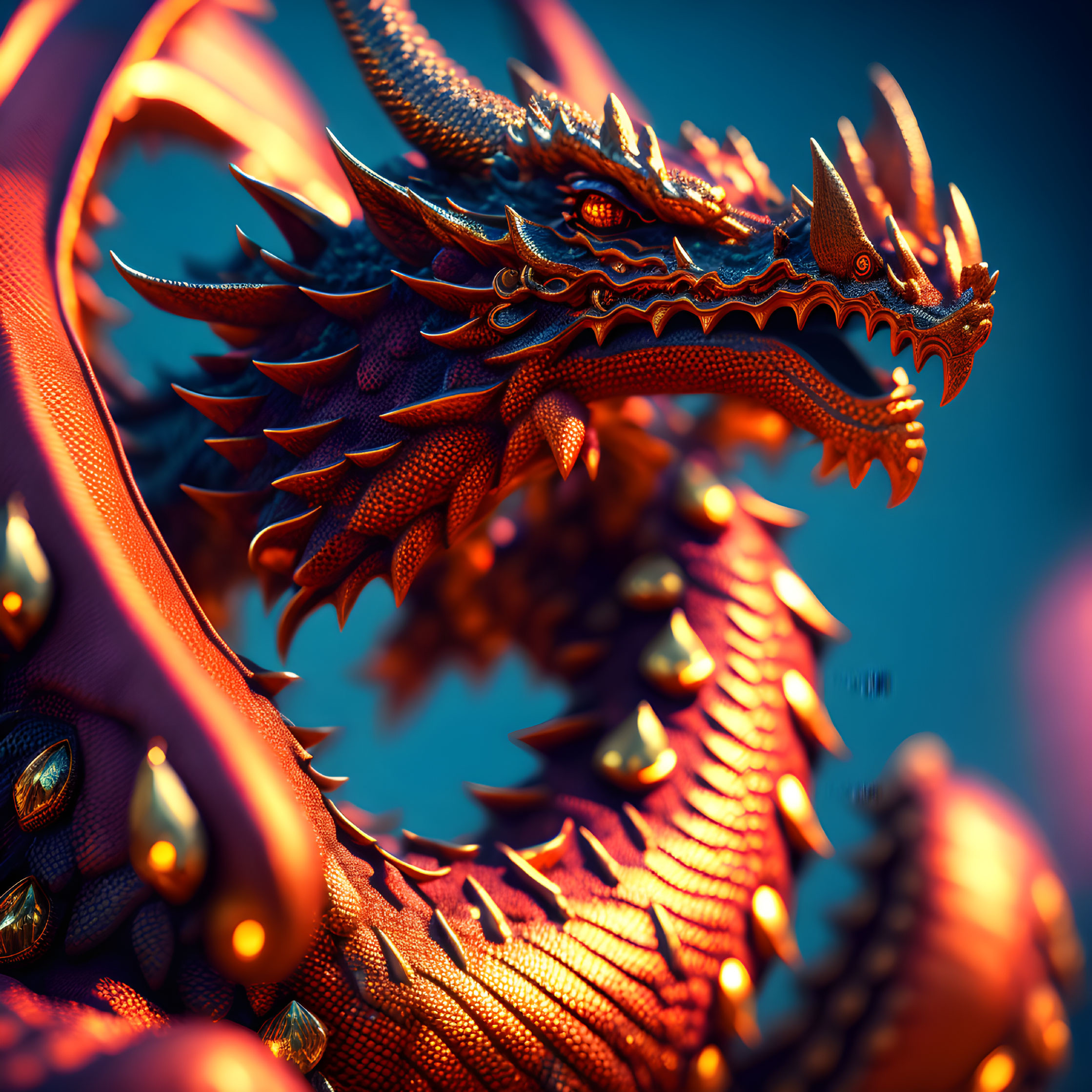 Detailed Close-Up Image of Fiery Dragon on Cool Blue Background