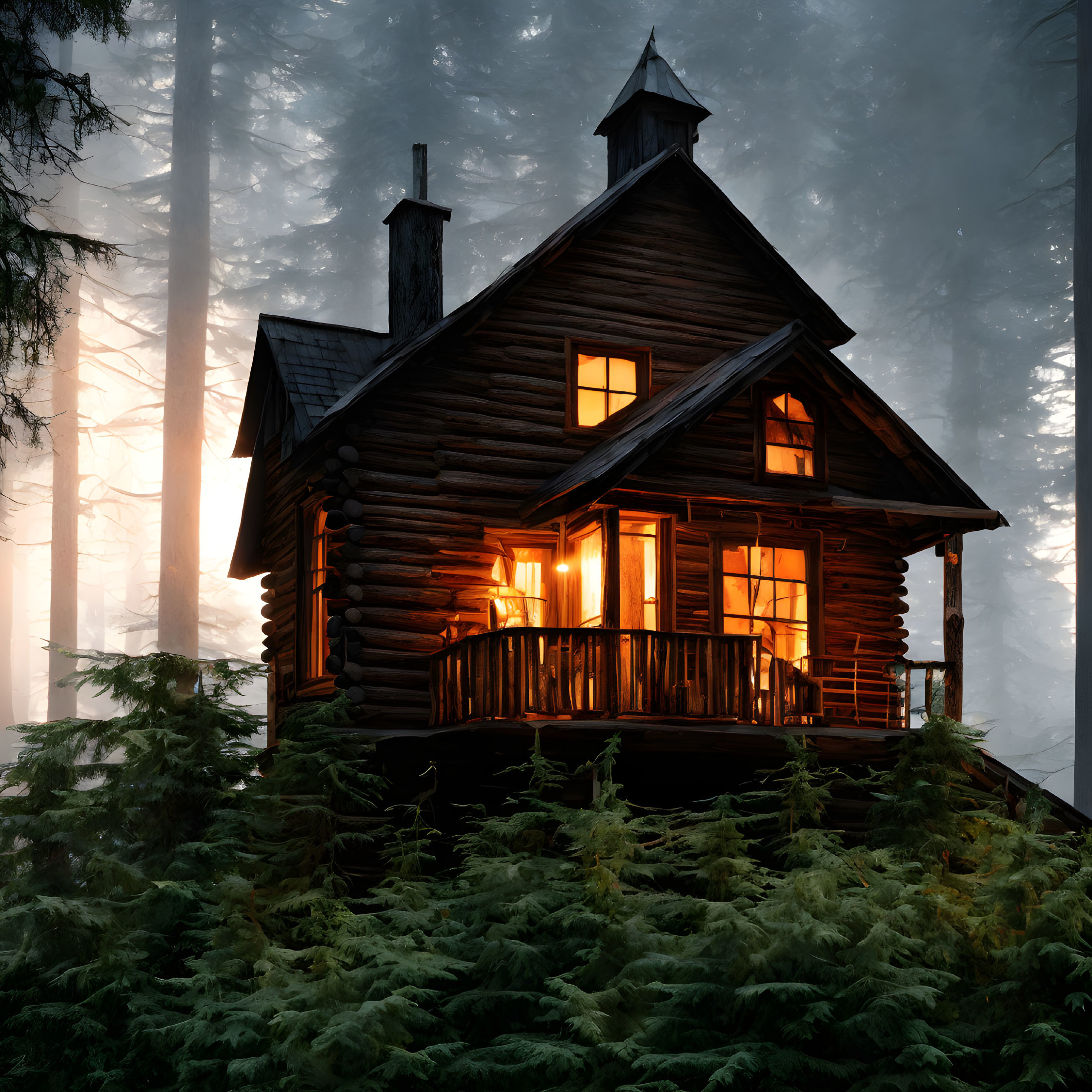 Cozy log cabin in misty forest with illuminated windows