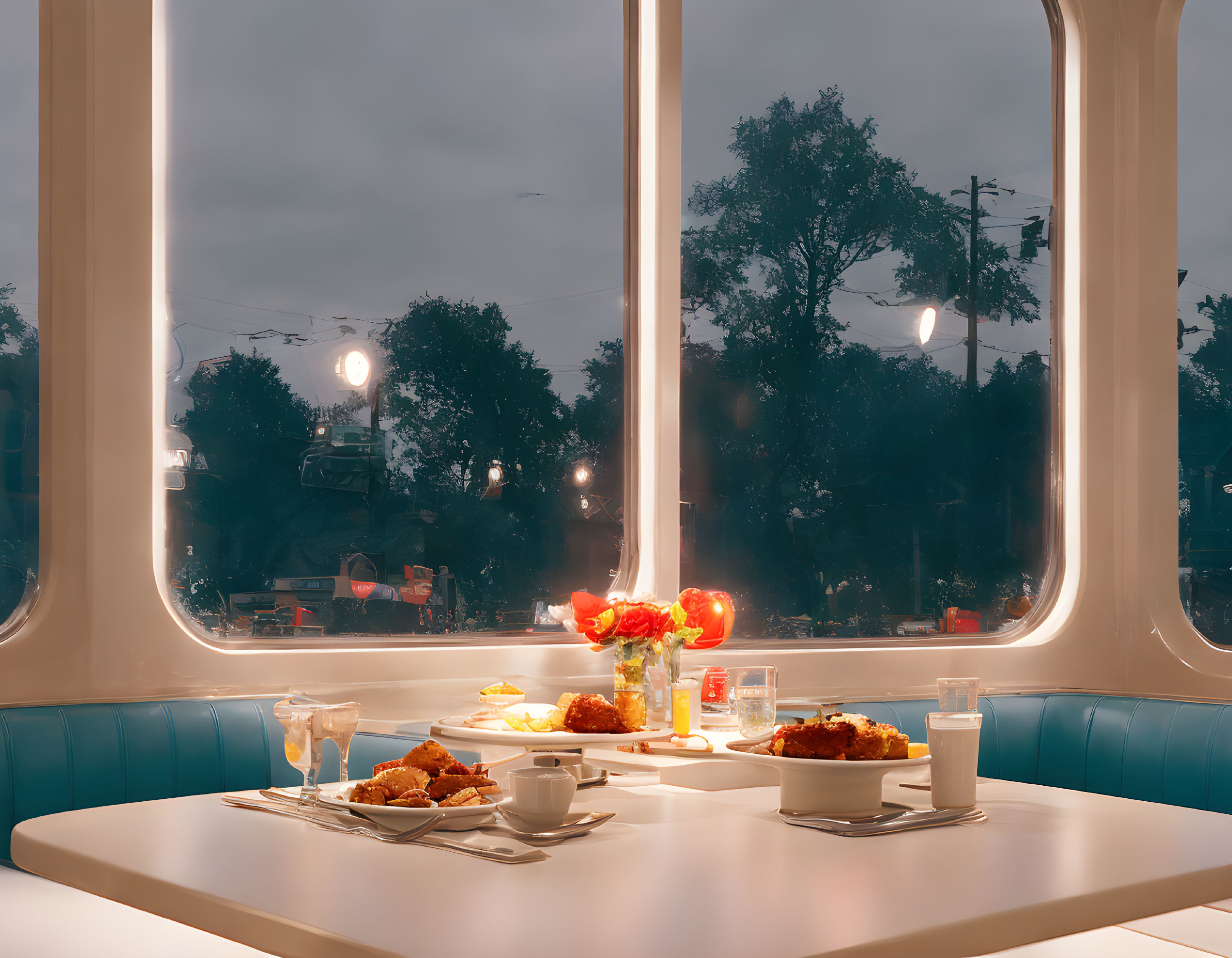 Cozy diner setting with table set, food, drinks, and flower vase