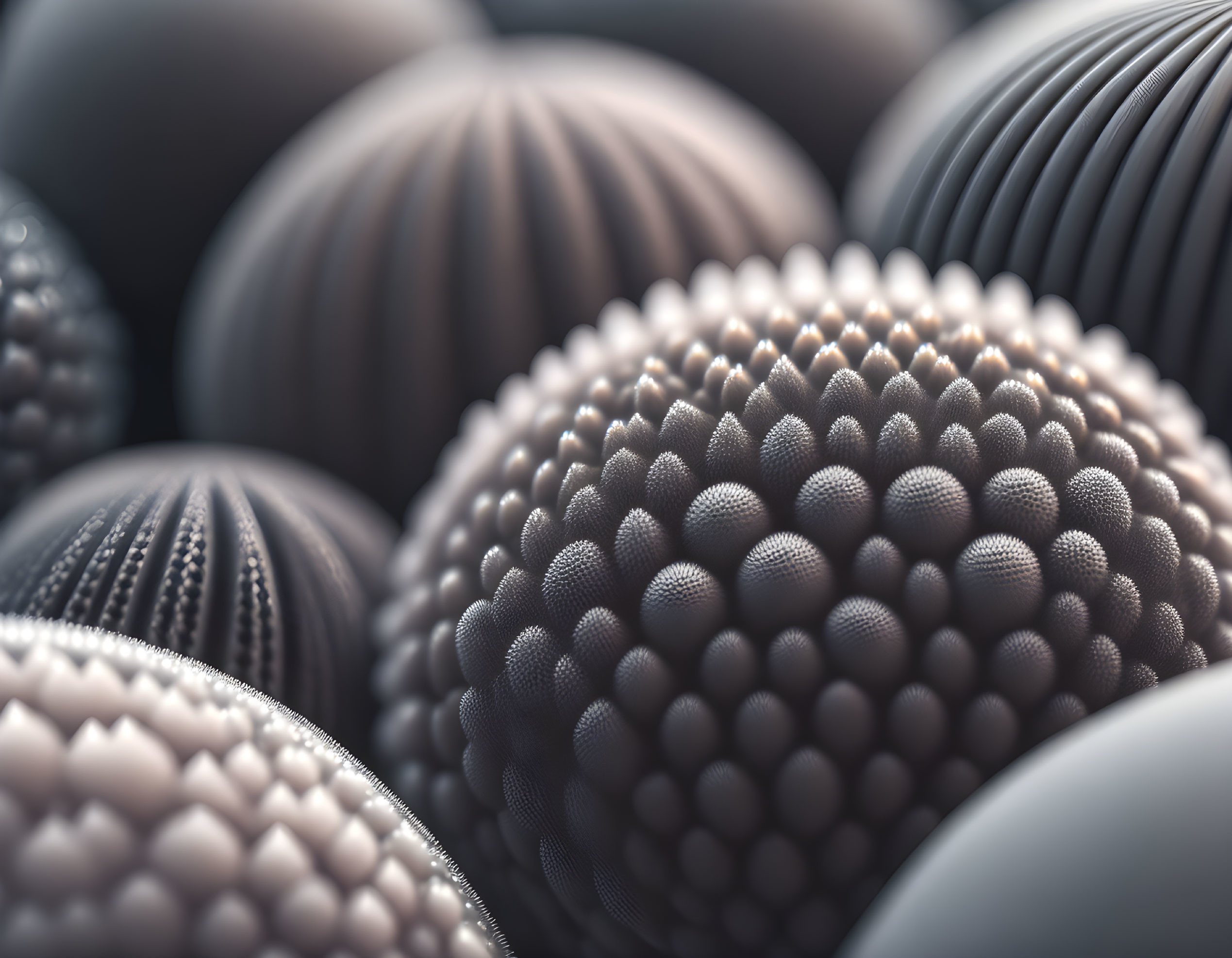 Detailed Close-up of Intricate Textured Spherical Shapes in Monochrome Palette