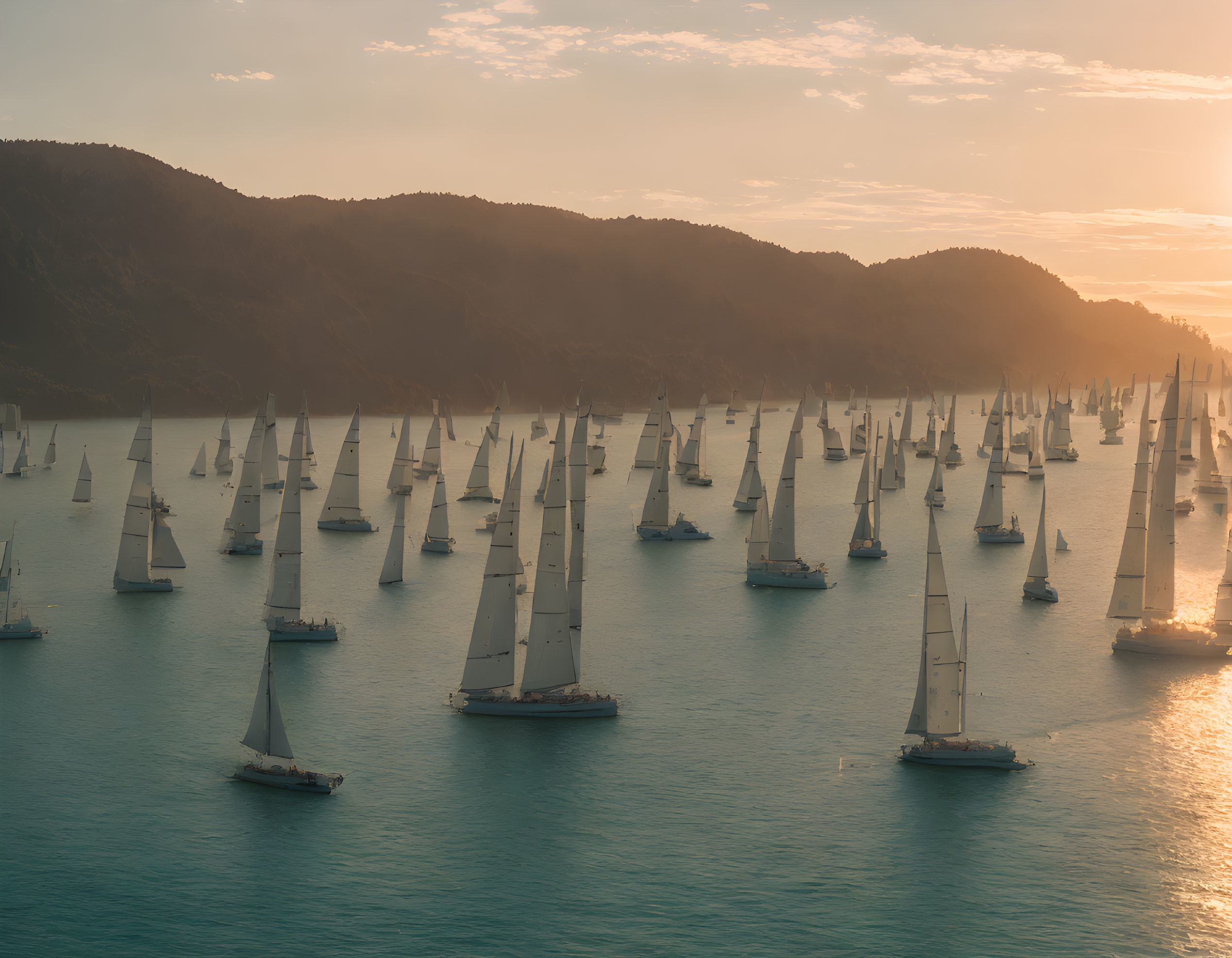 Numerous Sailboats at Bay Against Hazy Sunset Sky