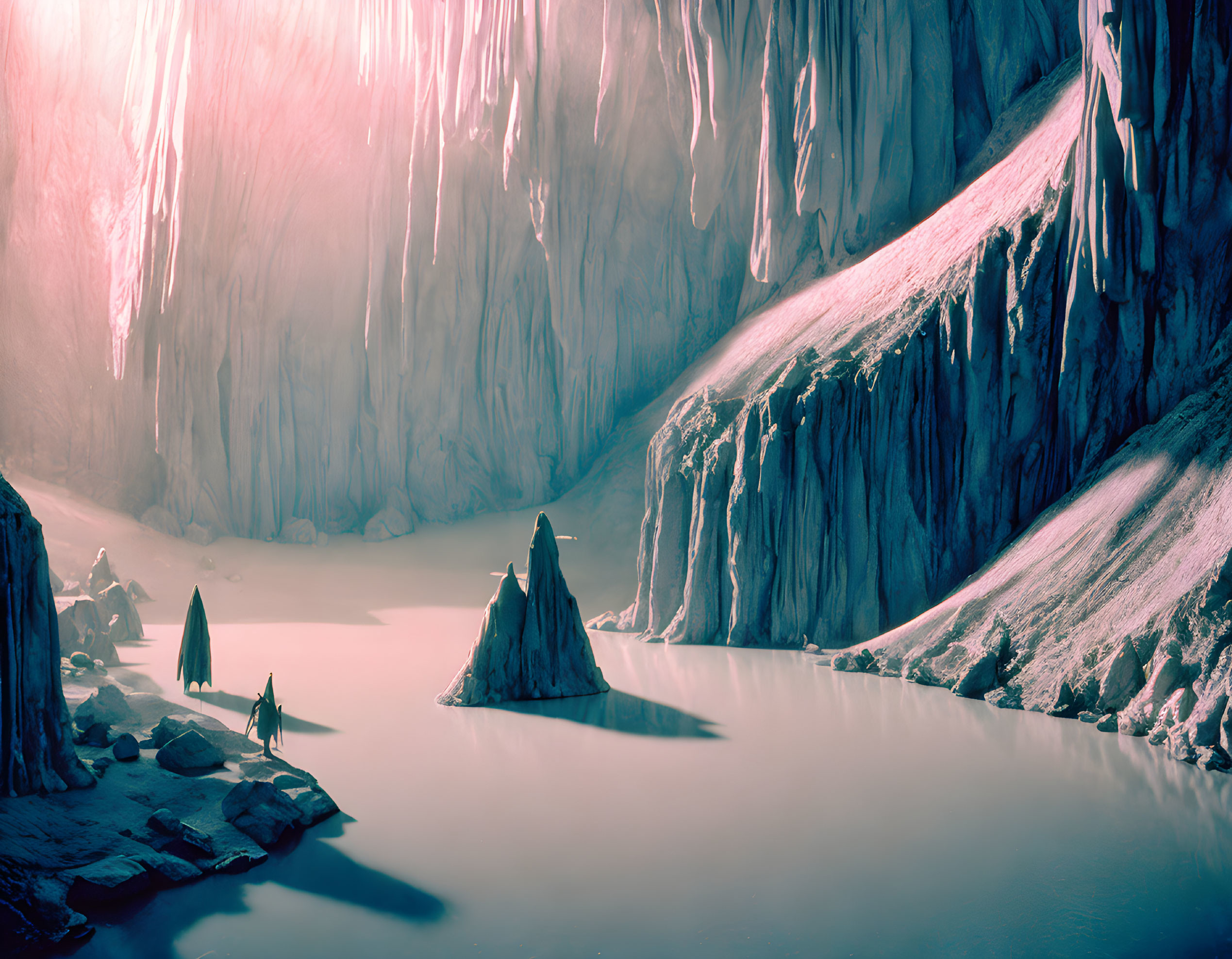 Majestic icy cavern with stalactites and frozen lake under pinkish sunlight