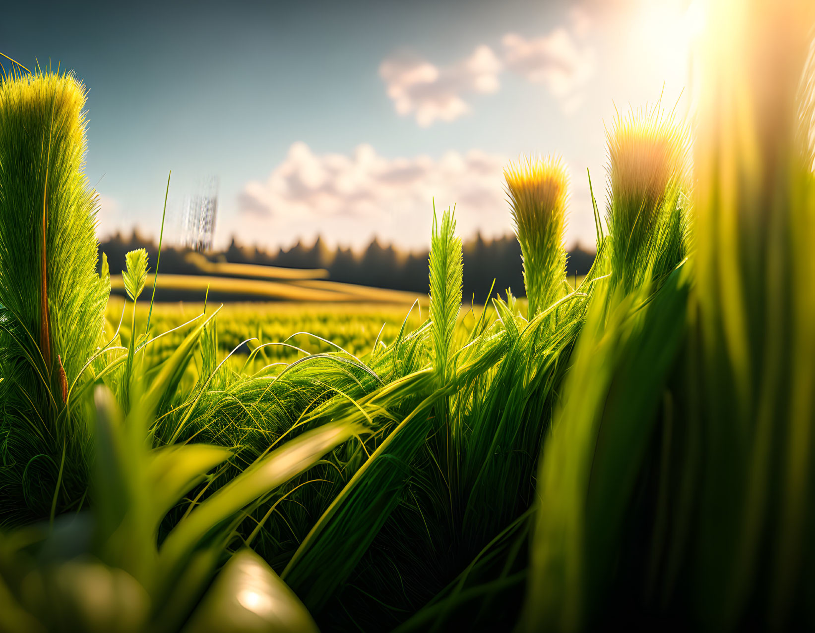 Sunlit green grass against trees and clear sky