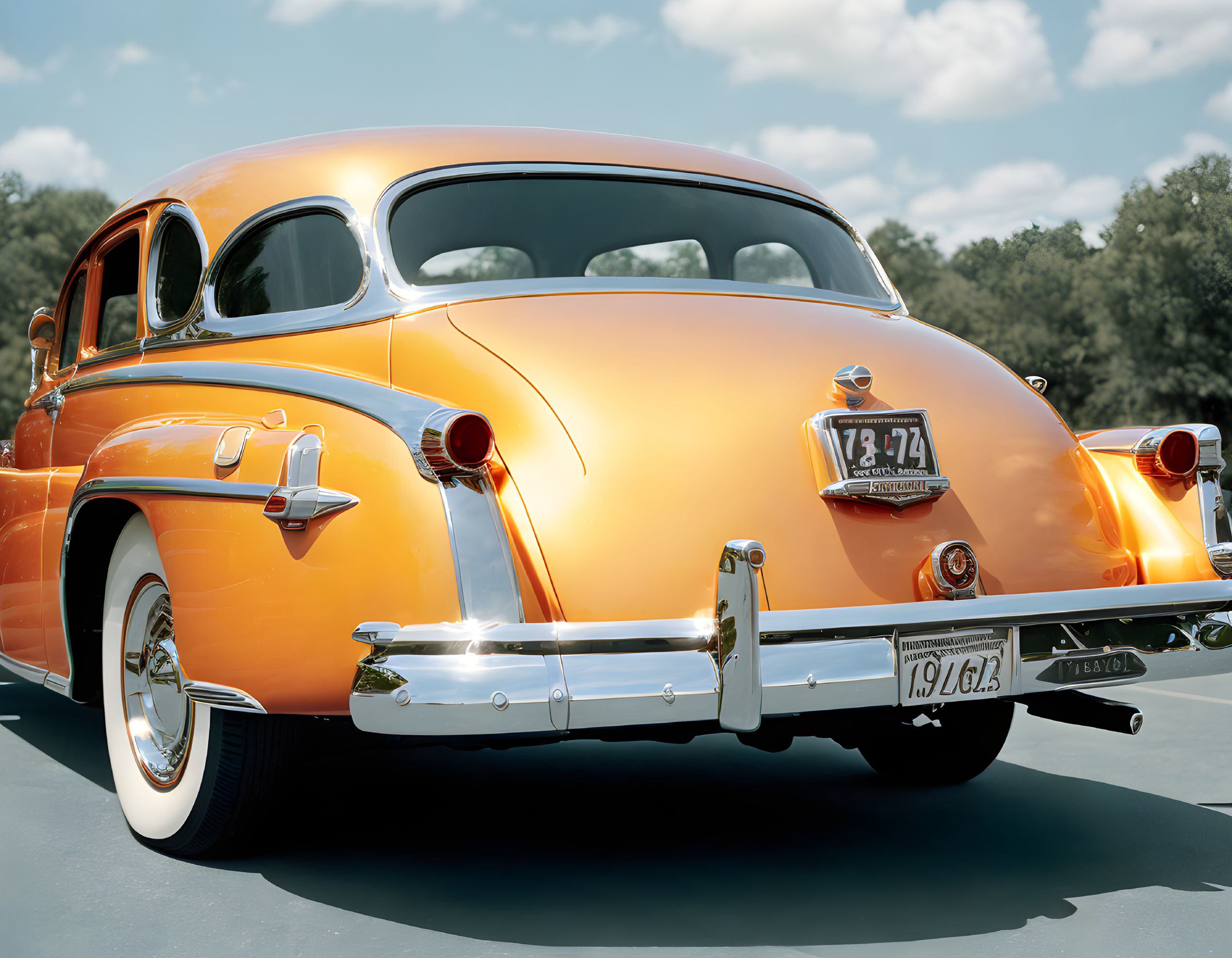 Vintage Orange Classic Car with Chrome Detailing and Vintage License Plate