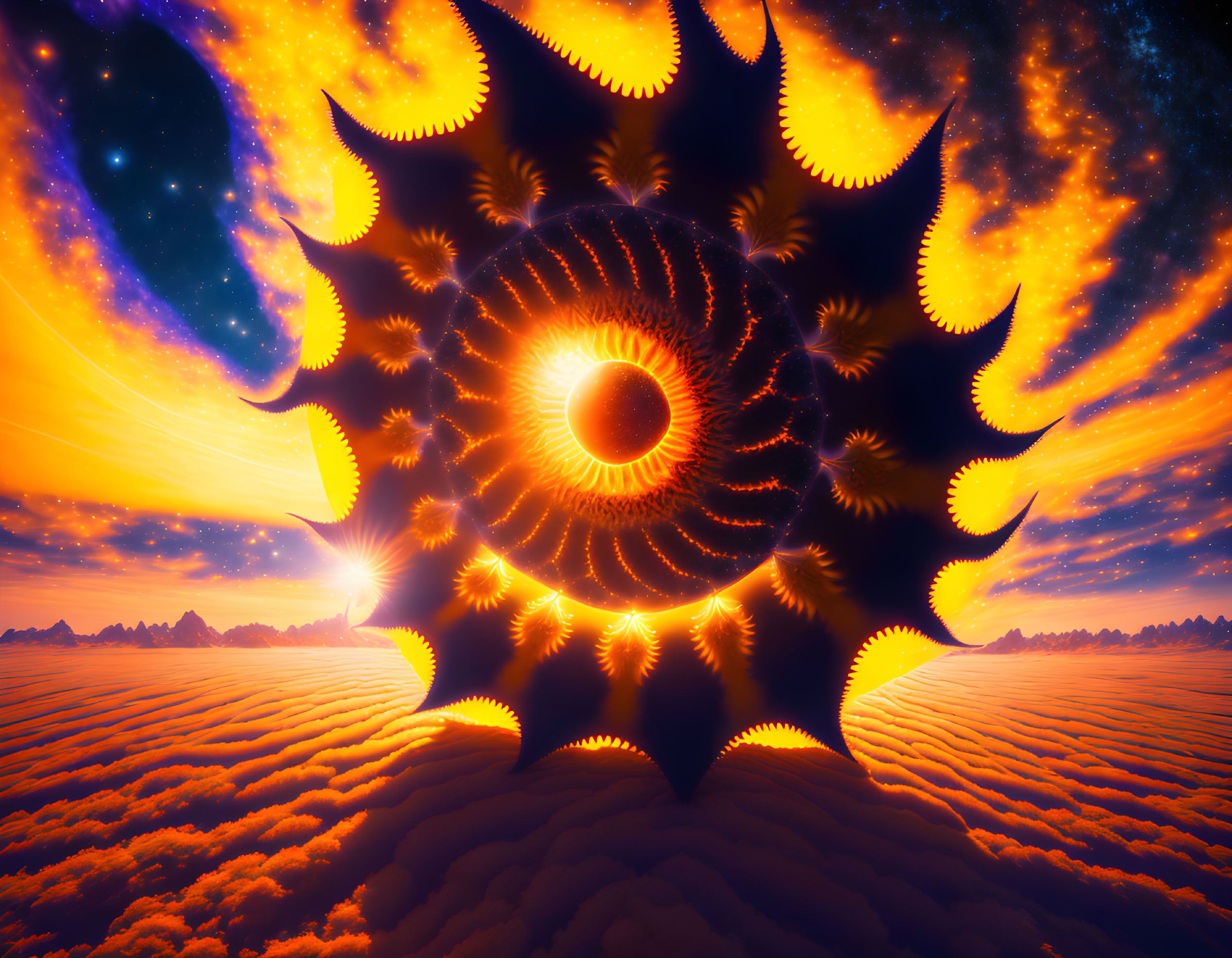 Vivid fractal vortex above fluffy clouds at sunset