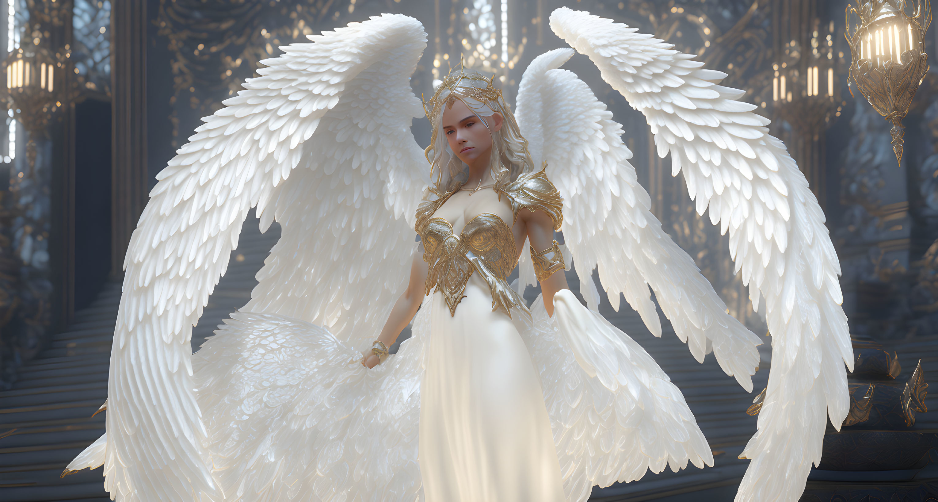 White-winged angel in golden armor in ornate hall with chandeliers