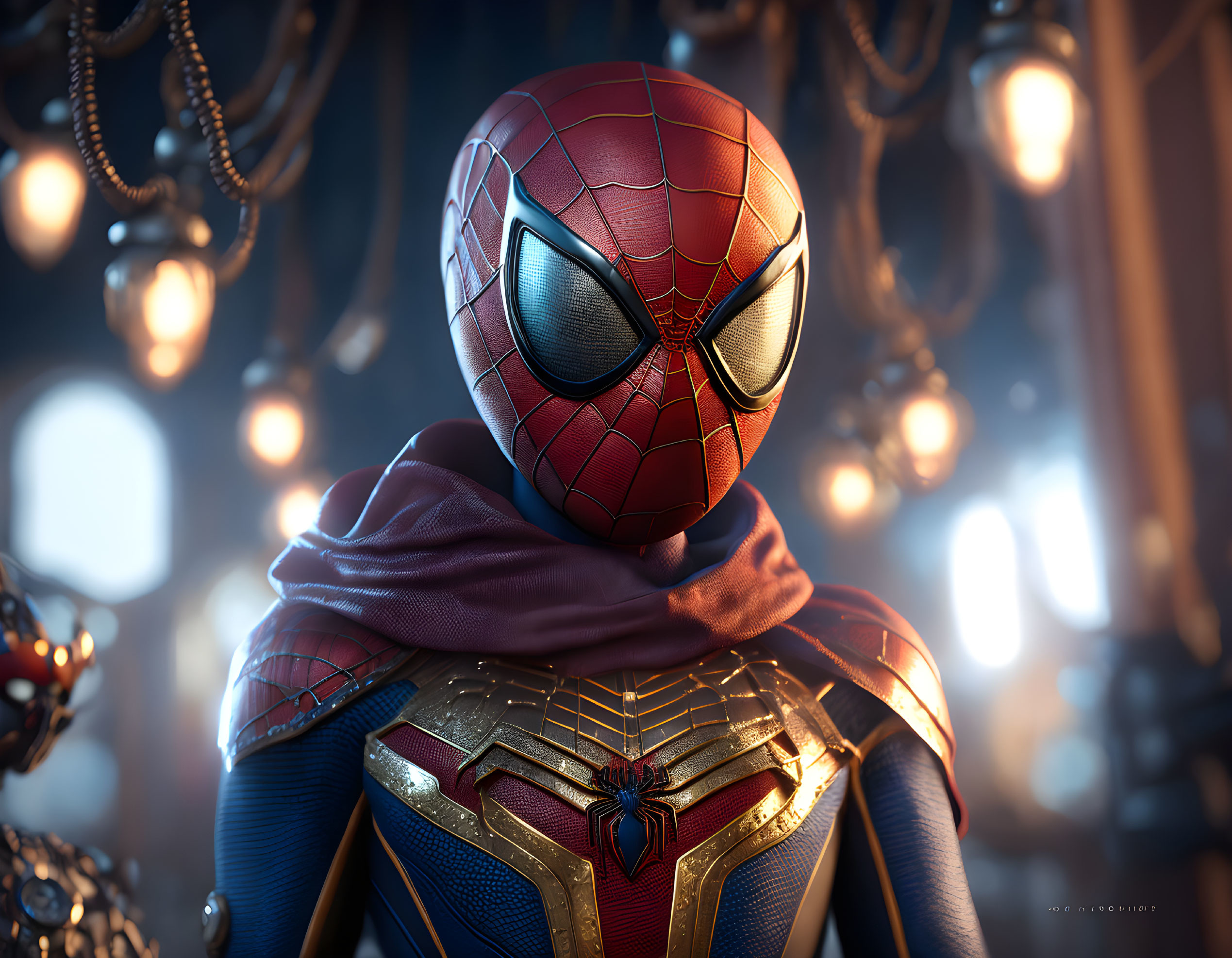 Detailed Spider-Man portrait with textured suit and reflective eyes against dimly lit background