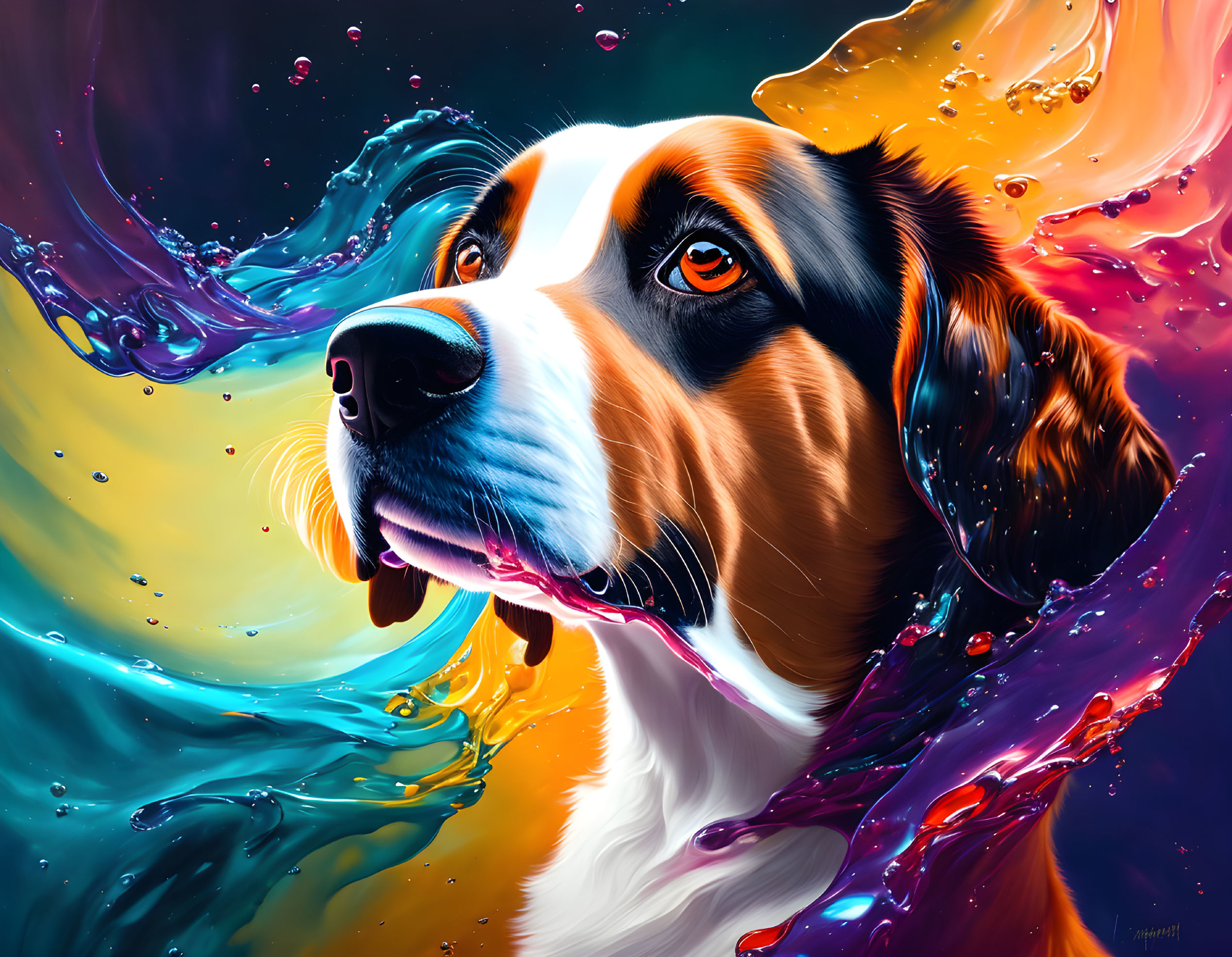 Colorful digital artwork featuring a dog with swirling liquid splash.