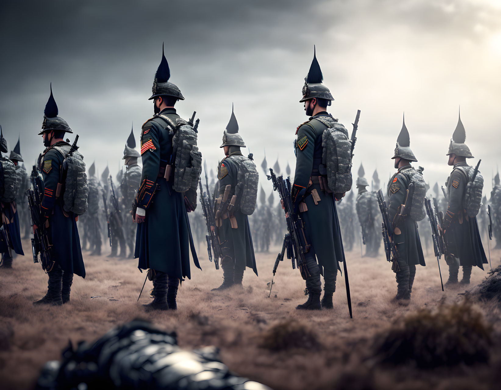 Historical soldiers in formation on misty battlefield