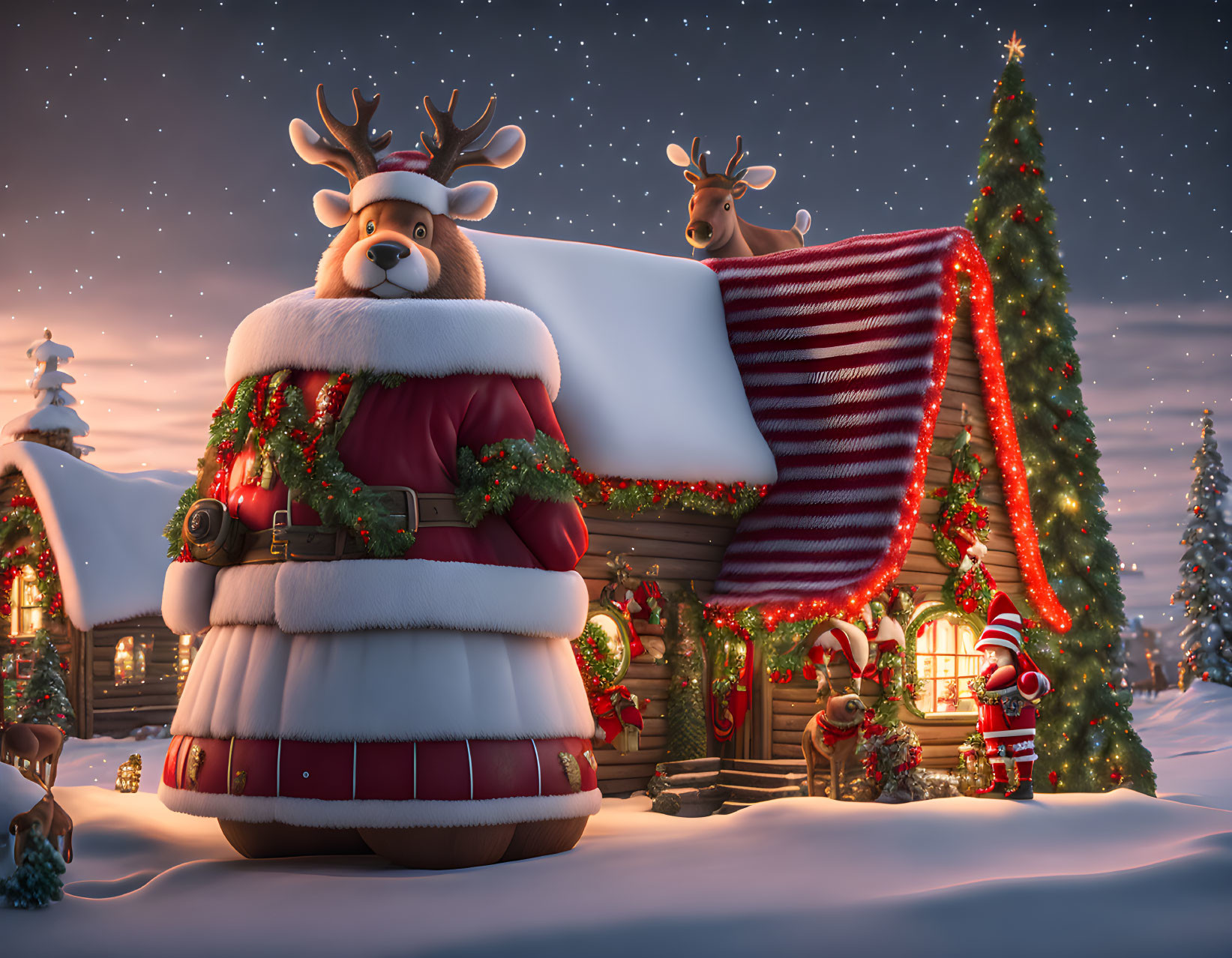 Plump Santa, decorated house, reindeer in starry Christmas scene