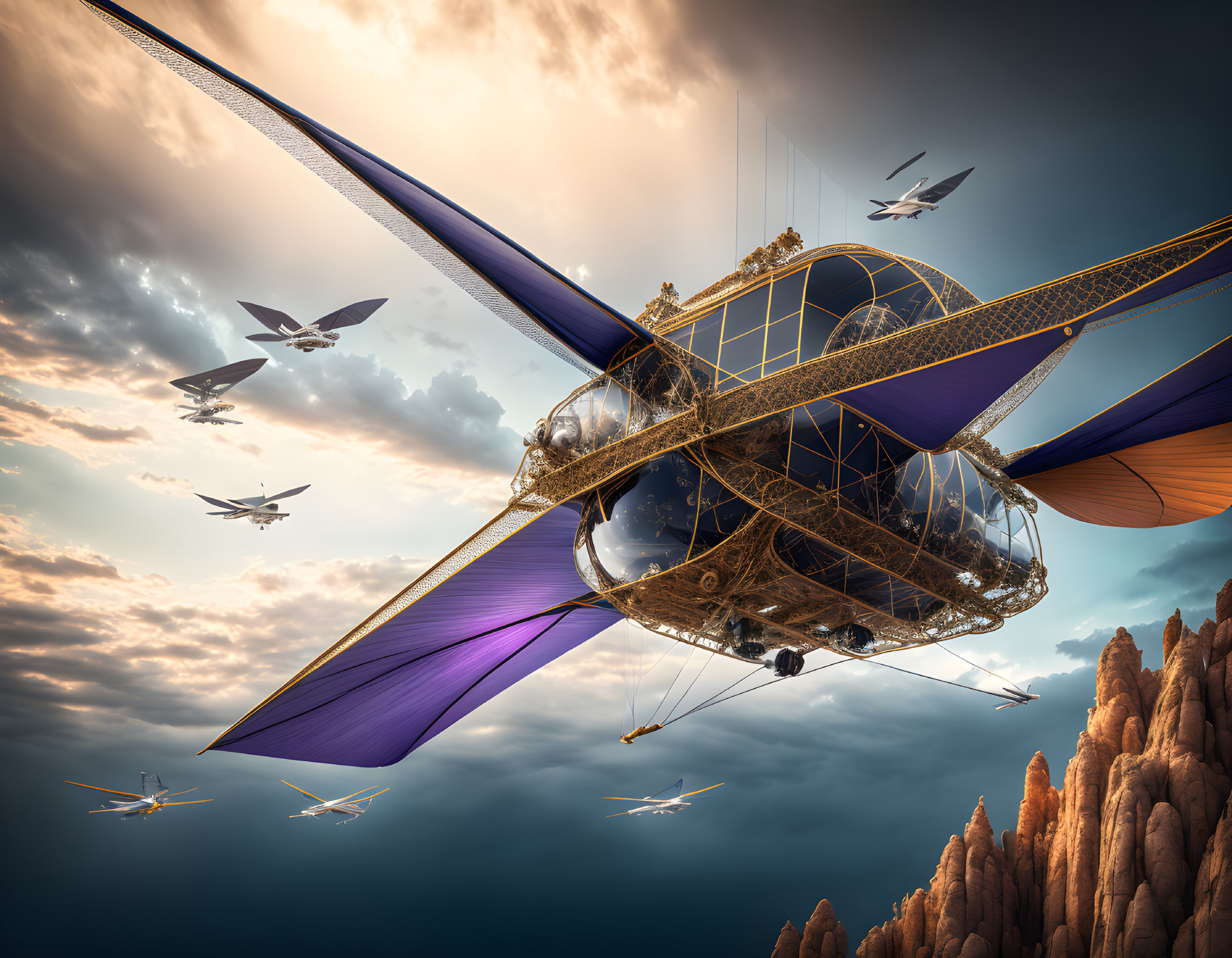 Fantastical purple-sailed airship among aircraft over rugged landscape