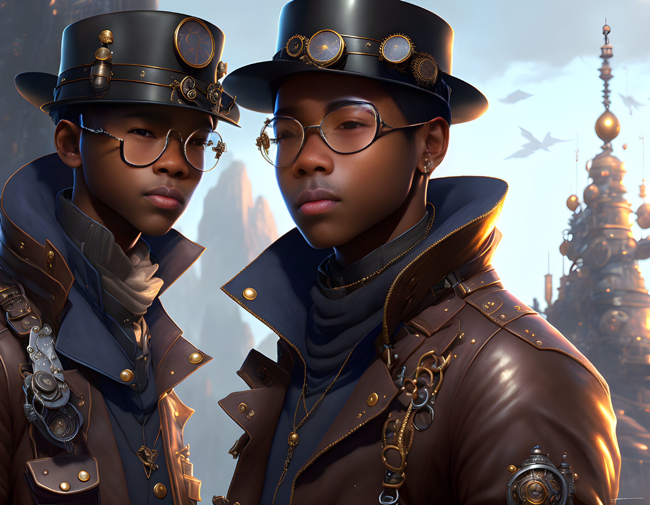 Steampunk Attired Pair in Cityscape with Flying Machines