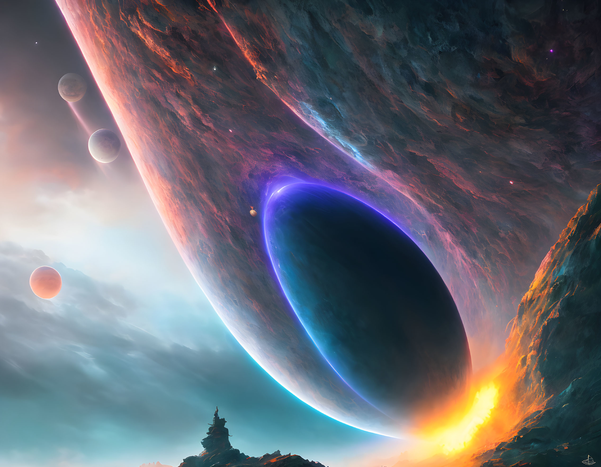 Colorful Sci-Fi Landscape with Glowing Black Hole