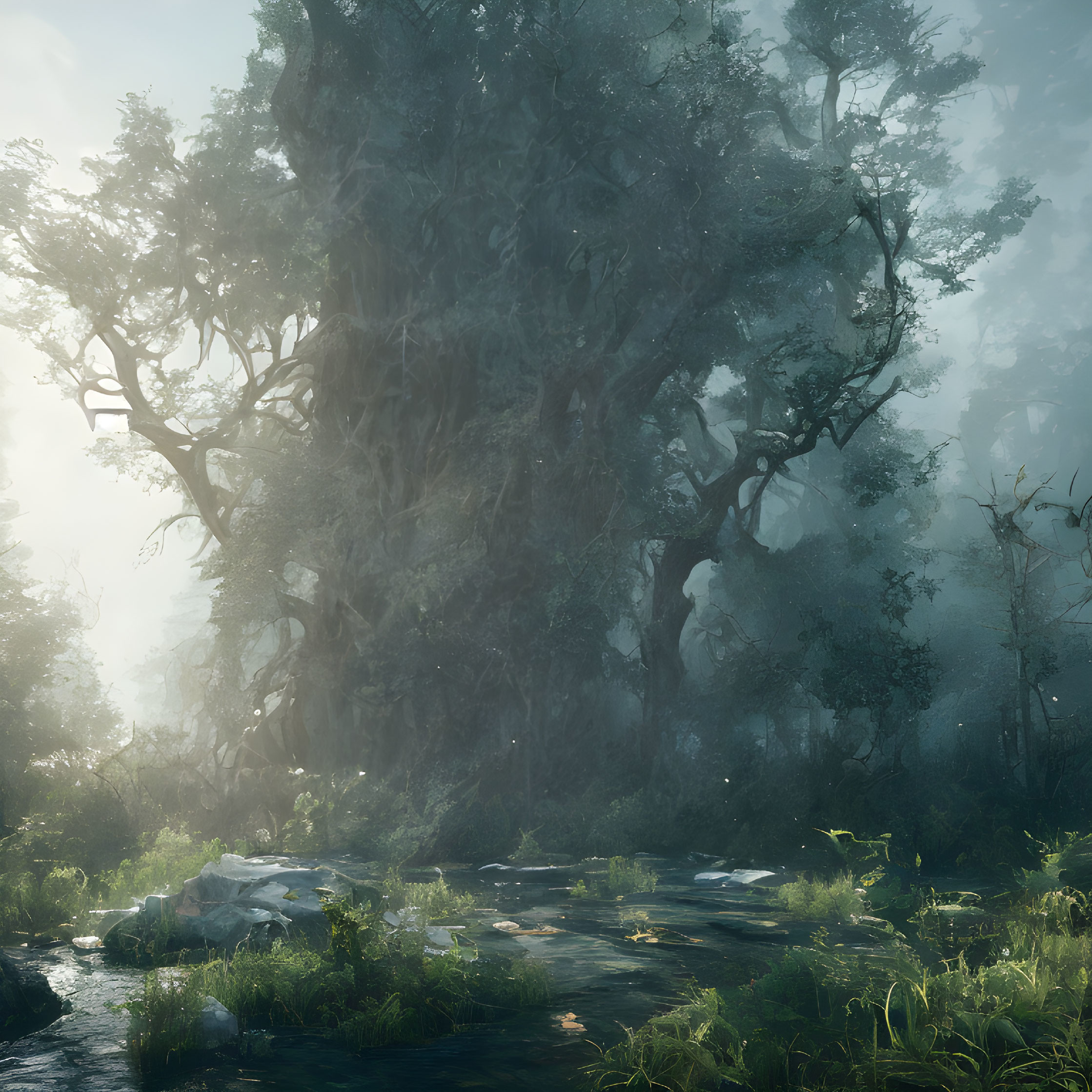 Tranquil forest scene with mist, sunlight, stream, greenery, ancient tree