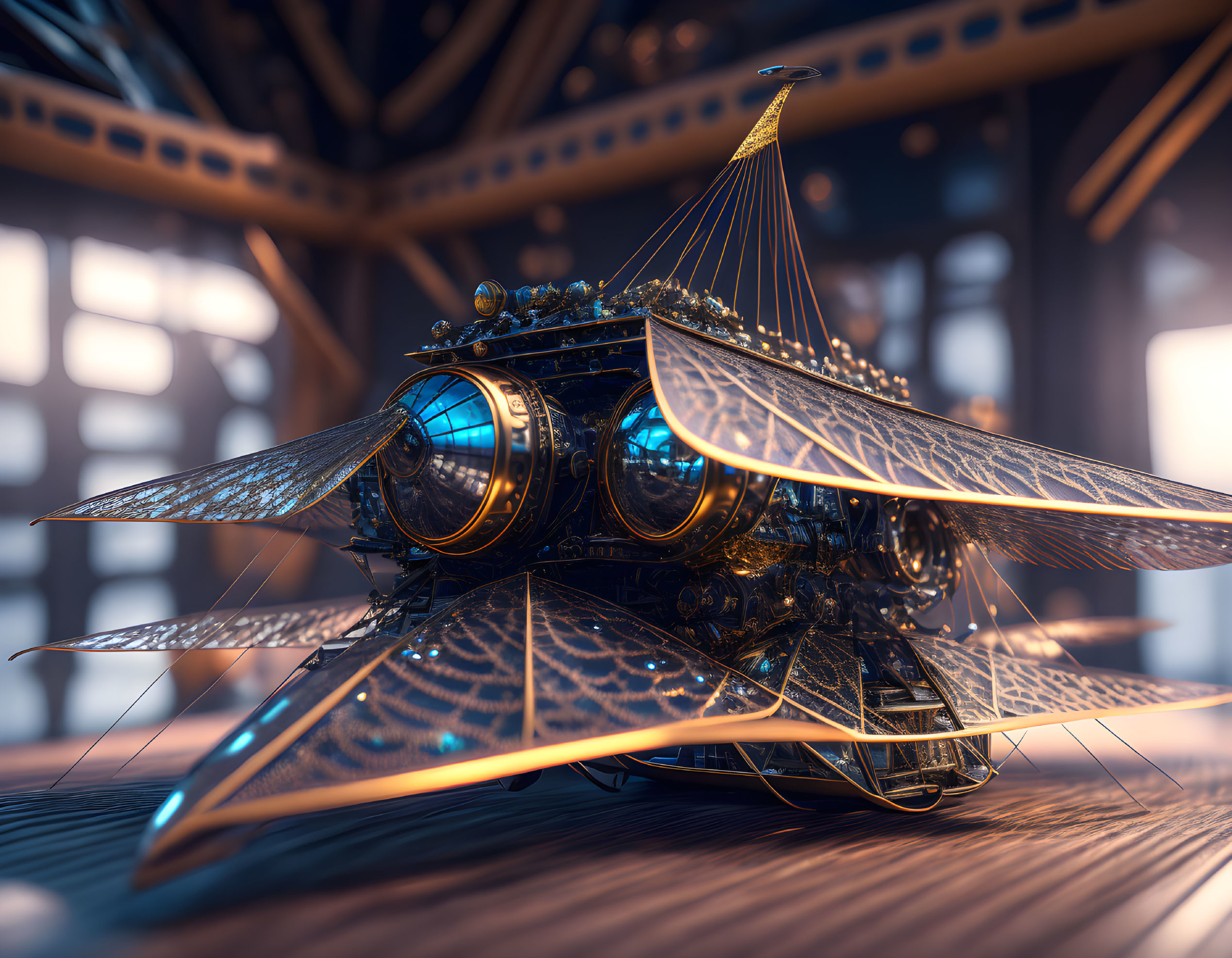 Steampunk mechanical dragonfly with glowing blue accents on wooden surface